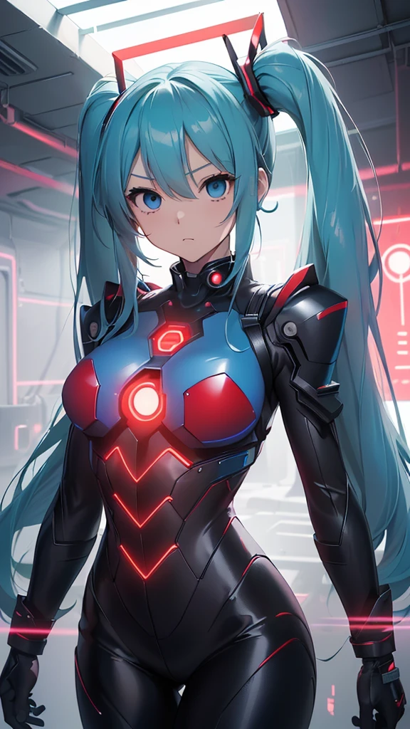 high quality、Best image quality、masterpiece、Hatsune Miku VOCALOID、Android Girl((18-year-old、red, A glowing black and blue cyber suit、Blue energy source on chest,Best Bust、Big Breasts、Bust 90、Twin tails、Light blue eyes、Light blue hair、Open your chest wide、valley、happiness、Slender、High heels、Shy face、Please stand in front、Countless cable connections throughout the body、Particles of light、Sharp clawed arms)）high quality、Beautiful art、background((Research Facilities、Neon color、Cyber World、red lighting))、Tabletop、Exquisite design、Visual Arts、Feature films、depth(The rampaging android army)