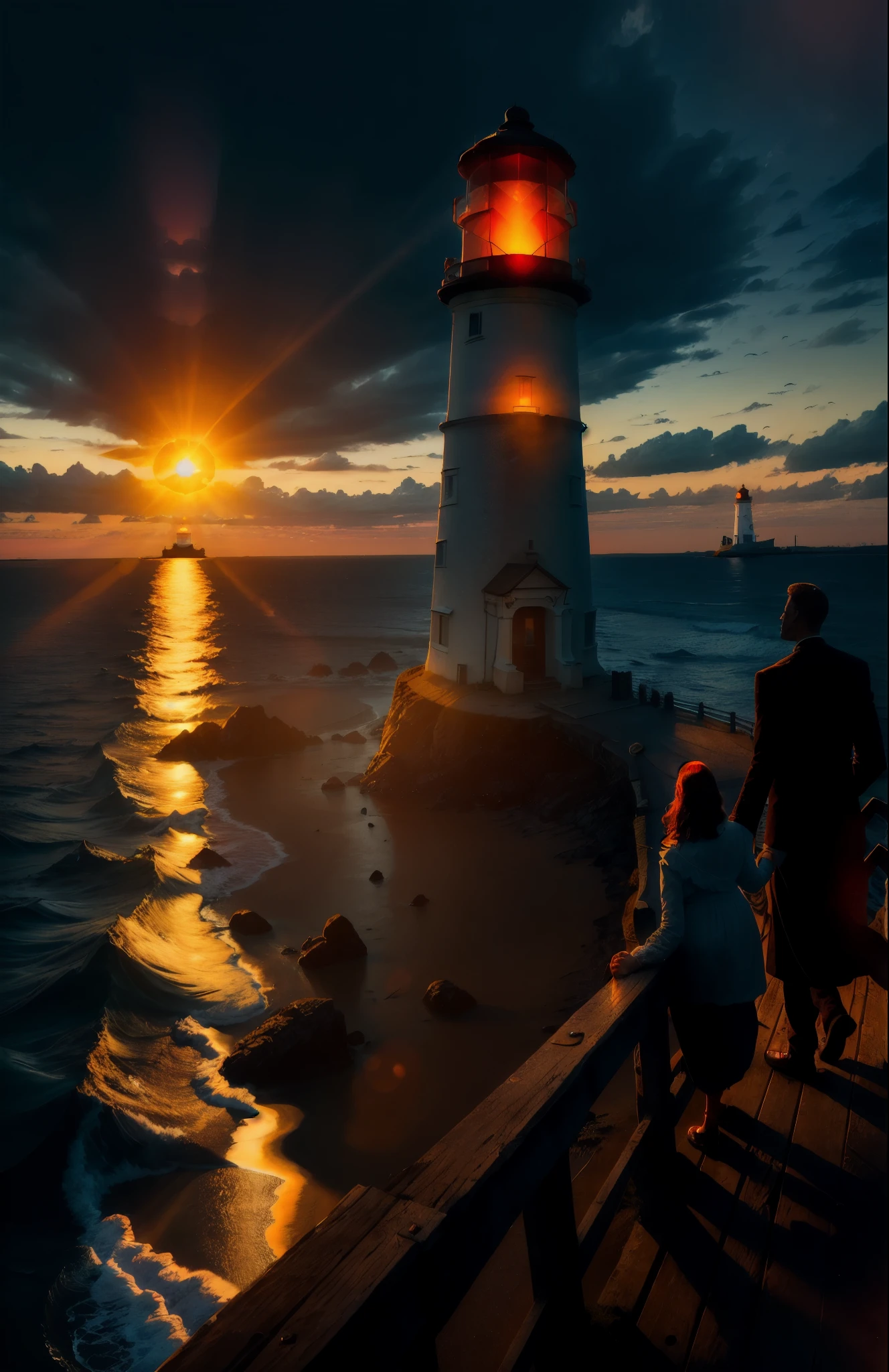 ((Late Afternoon)), ((sun)), ((Lighthouse)) Couple holding hands and looking、A pretty spooky black forest