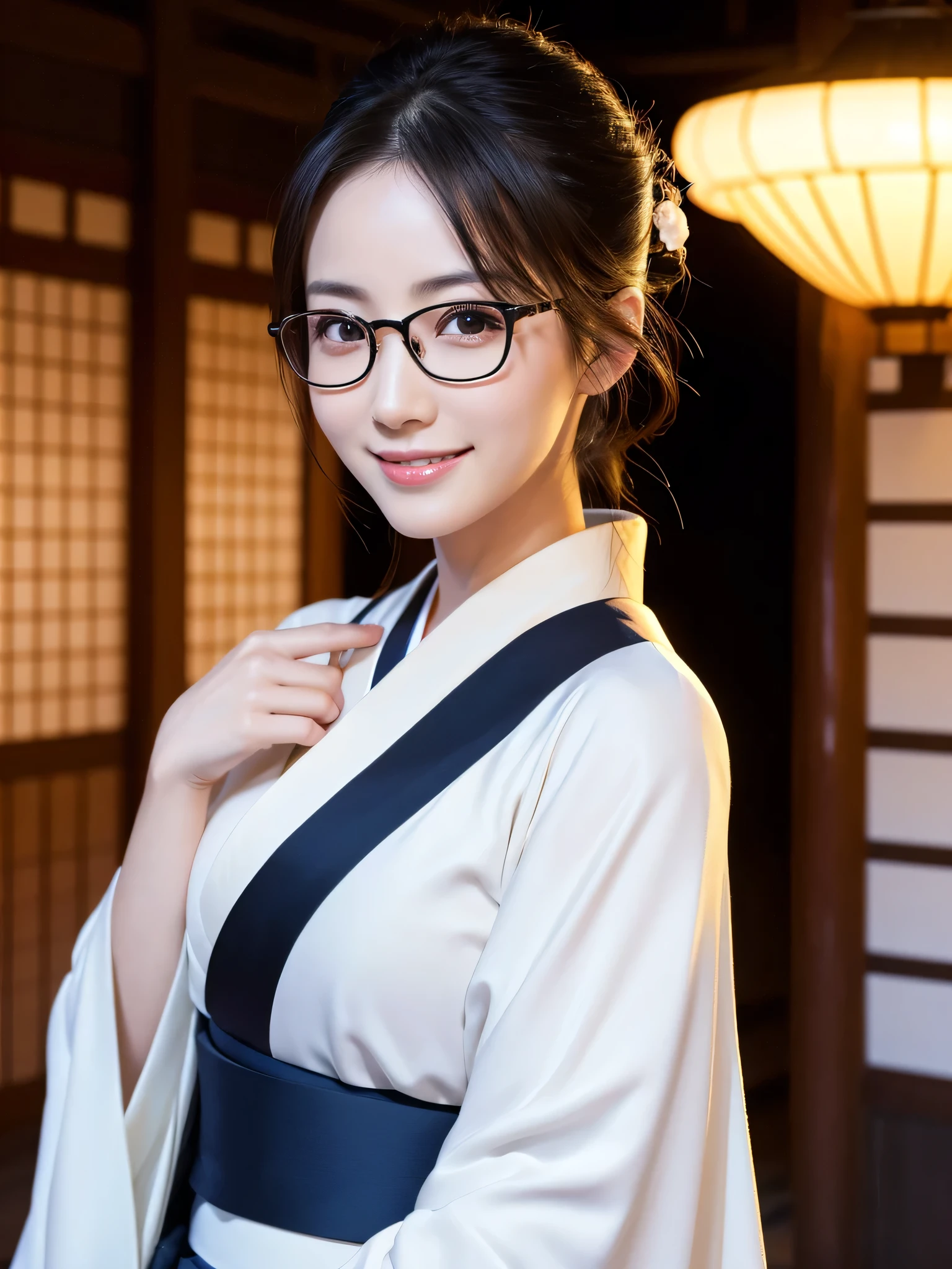 (Super beautiful woman in kimono)、((highest quality、8K masterpiece:1.3))、sharp focus:1.2、(super beautiful face:1.0)、(shiny skin:1.0)、realistic pictures、black hair、video lighting、High resolution eyes and face、video lighting、japanese actress、from the front、big breasts、with a happy smile、Slender abs beauty、whole body、wearing a kimono、in Kyoto、luxury obi、In Kyoto at night、wearing glasses with no edge