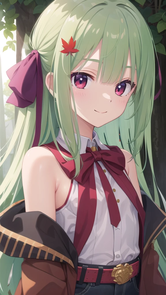 ((masterpiece)),(best quality),official art,Extremely detailed CG,Unity 8K wallpaper,Ultra Detailed,Beautiful and delicate eyes,Extremely detailed face,forest,nature,1 girl,solitary,Upper Body,(portrait:1.5),Looking at the audience,For the audience,(small:1.3),Smile,Everlasting,Murasame,Very long hair,Green Hair,Two sides up,Purple bow,hairpin,Side lock,Bangs,Red Eyes,Neck strap,Red belt,Black coat，Denim shorts，Maple leaves falling，Full body picture