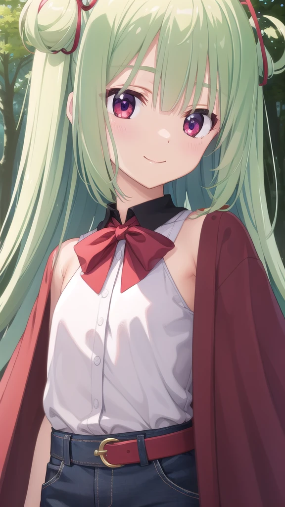 ((masterpiece)),(best quality),official art,Extremely detailed CG,Unity 8K wallpaper,Ultra Detailed,Beautiful and delicate eyes,Extremely detailed face,forest,nature,1 girl,solitary,Upper Body,(portrait:1.5),Looking at the audience,For the audience,(small:1.3),Smile,Everlasting,Murasame,Very long hair,Green Hair,Two sides up,Purple bow,hairpin,Side lock,Bangs,Red Eyes,Neck strap,Red belt,Black coat,Denim shorts,Maple leaves falling,Full body picture