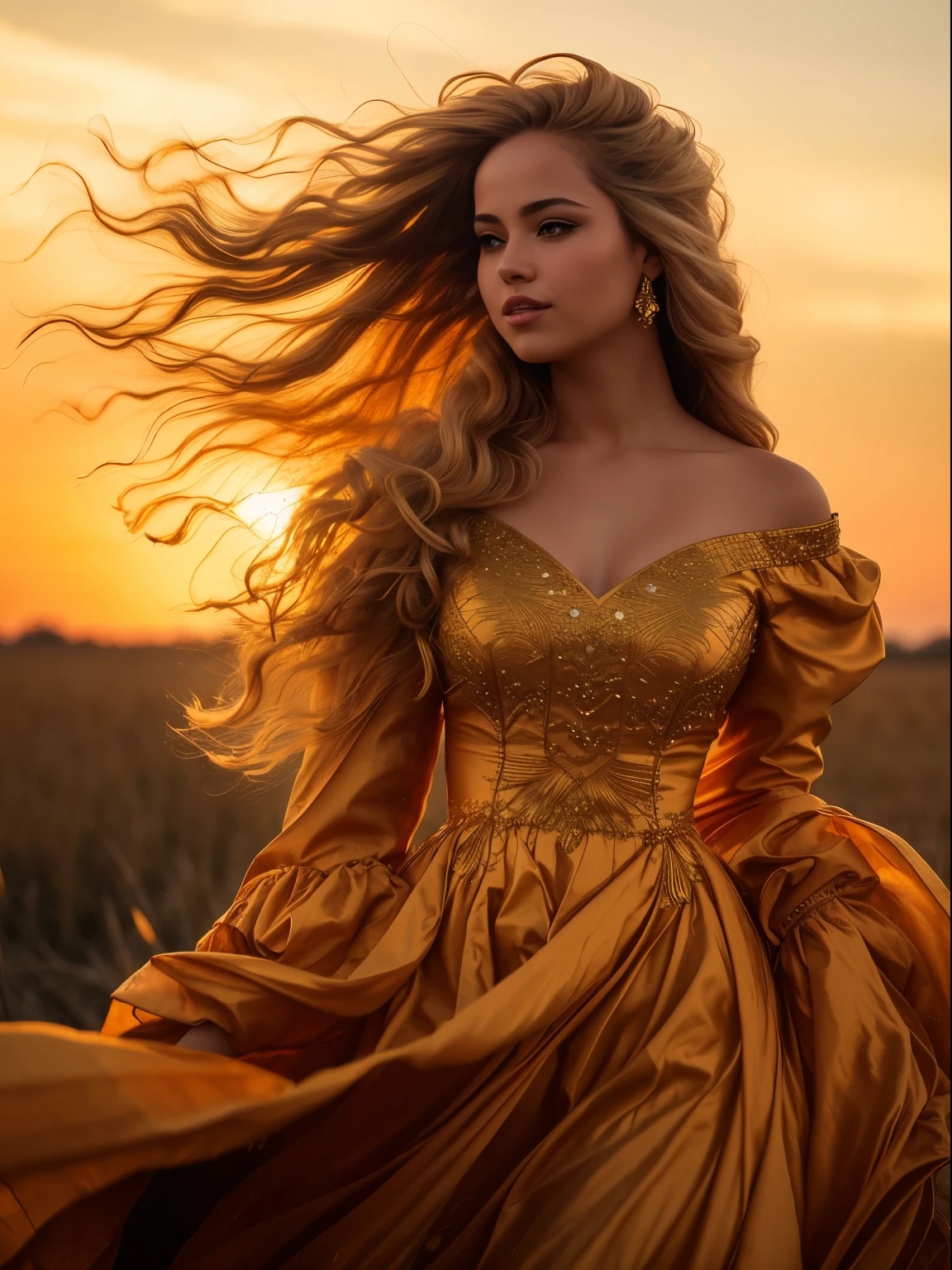 A woman in a golden dress is walking through the field, bathed in a golden glow, golden hour intricate, in a golden sunset sky, in the golden hour, in the golden hour, golden hair blowing the wind, in the golden hour, prime time, karol bak uhd, golden hues, golden hour time, shot at golden hour, prime time