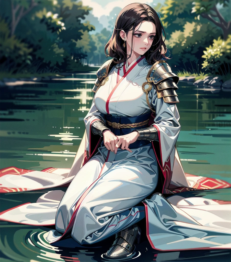 masterpiece, best quality, extremely delicate and beautiful, ultra-detailed, high-resolution, 20 years old, detailed beautiful face, tearful mole, earring, very huge round breasts, short medium hair, wavy hair, wet clothes, full body shot, alone, (assassin), kimono, (armor),