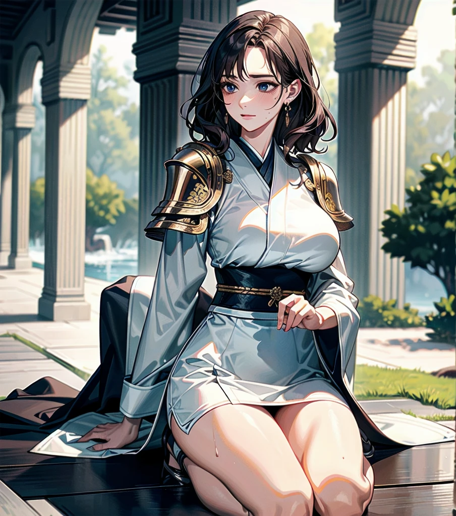 masterpiece, best quality, extremely delicate and beautiful, ultra-detailed, high-resolution, 20 years old, detailed beautiful face, tearful mole, earring, very huge round breasts, short medium hair, wavy hair, wet clothes, full body shot, alone, (assassin), kimono, (armor),