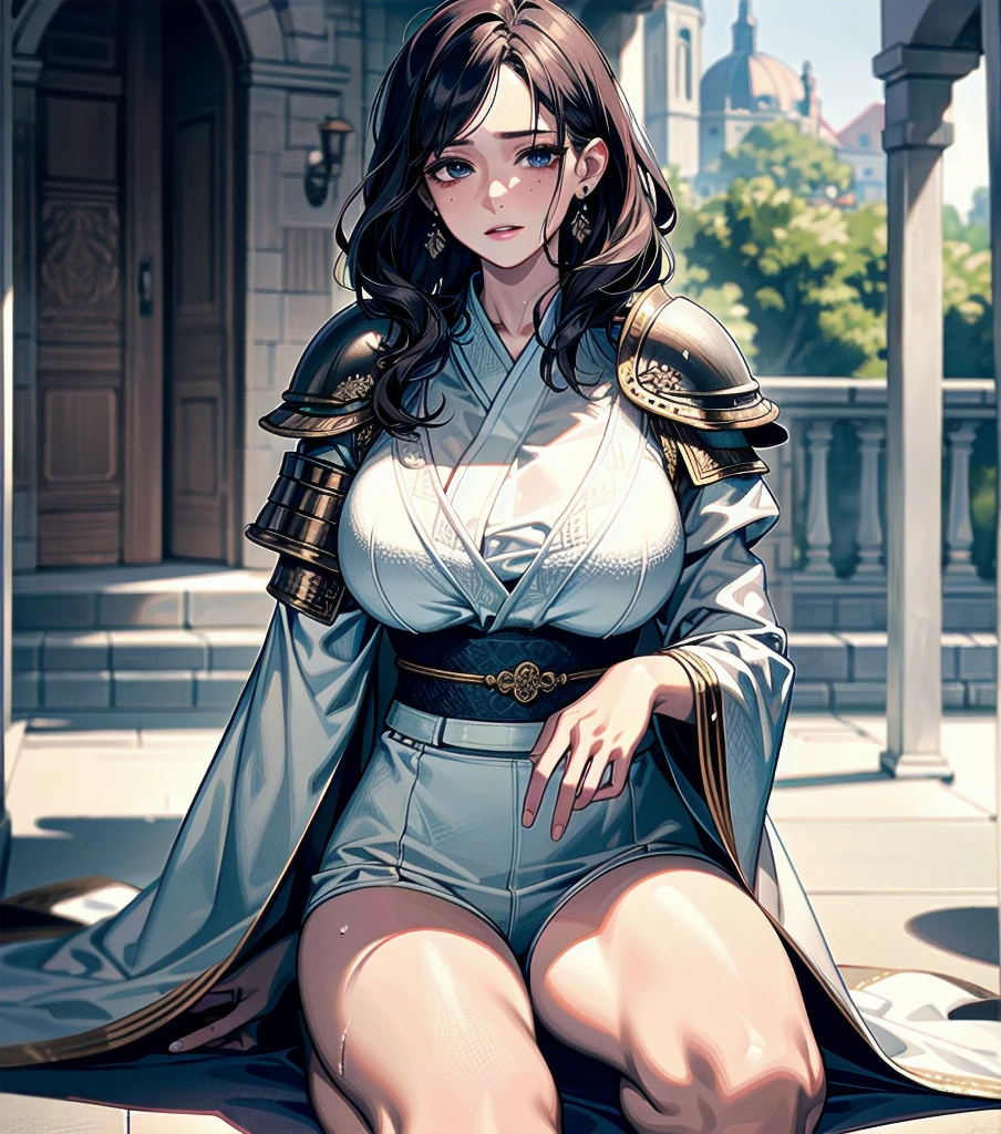 masterpiece, best quality, extremely delicate and beautiful, ultra-detailed, high-resolution, 20 years old, detailed beautiful face, tearful mole, earring, very huge round breasts, short medium hair, wavy hair, wet clothes, full body shot, alone, (assassin), kimono, (armor),