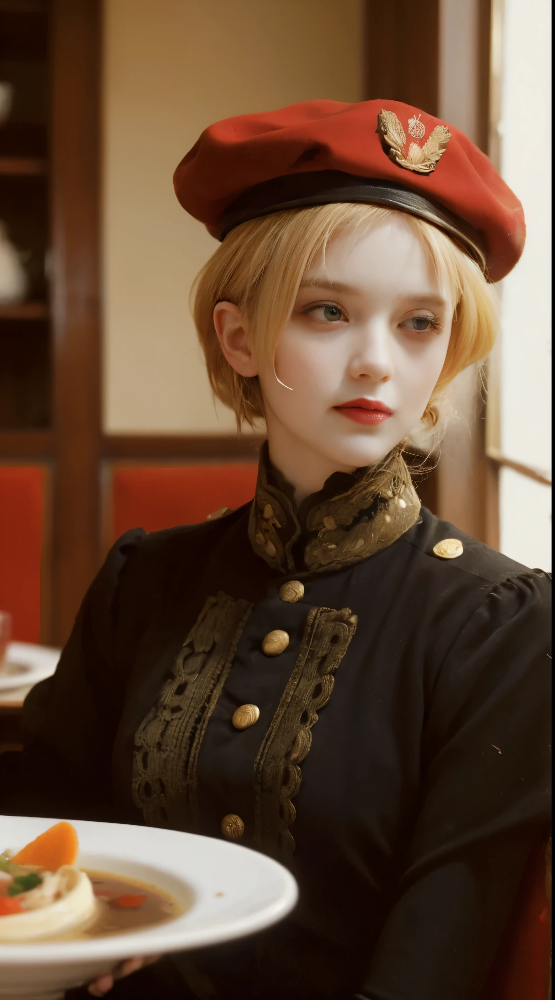 A woman, blonde with short hair, red eyes, military beret, Victorian dress, eating soup in a German restaurant, destroyed Germany.