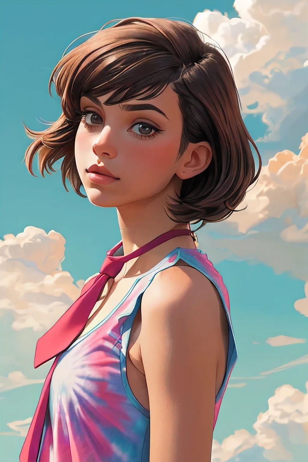 portrait of 1girl solo, Comb-Over Fade with Hard Part, Festival Hippie: Fringe vest, tie-dye tank top, shorts, and sandals.
Celestial Palace in the Clouds,
masterpiece, immaculate, highly detailed, detailed,