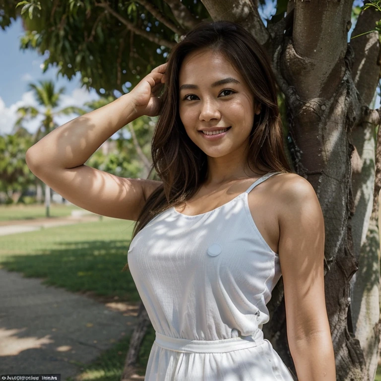 (epic lrealism), (masterpiece, best quality, ultra-detailed), portrait of an 31-year-old woman with light brown hair, (filipina decent), (round shape face), white complexion, short dress (sleeveless), sung from under a tree (leaning against the tree), looking at viewer, (smile:1.3), light wind blowing her hair,  -auto ultra realistic --  