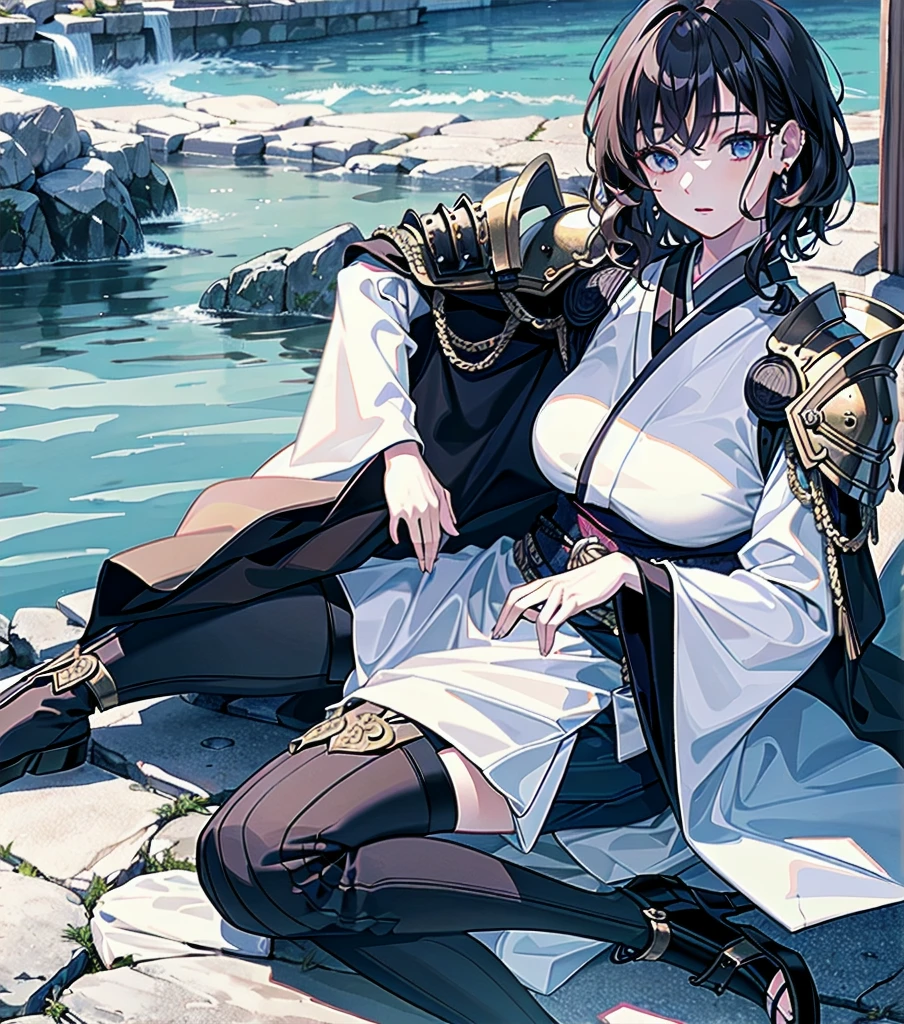 masterpiece, best quality, extremely delicate and beautiful, ultra-detailed, high-resolution, 20 years old, detailed beautiful face, tearful mole, earring, very huge round breasts, short medium hair, wavy hair, wet clothes, full body shot, alone, (assassin), kimono, (armor),
