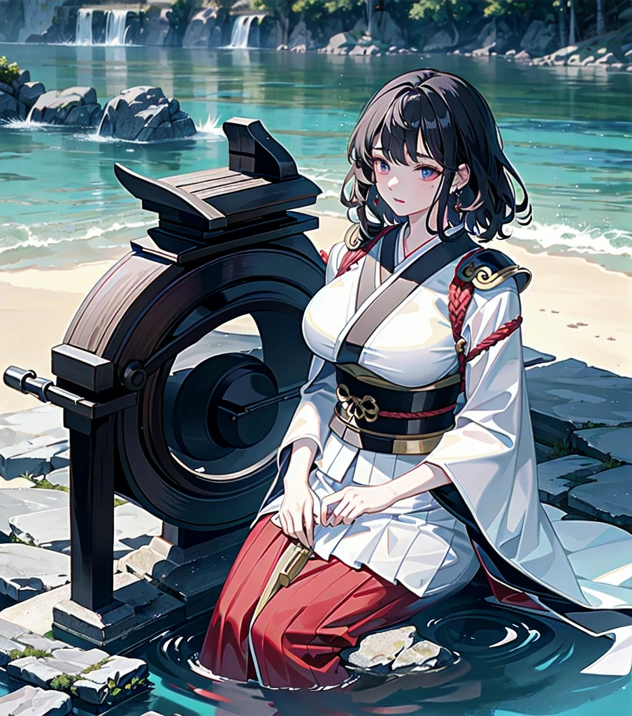 masterpiece, best quality, extremely delicate and beautiful, ultra-detailed, high-resolution, 20 years old, detailed beautiful face, tearful mole, earring, very huge round breasts, short medium hair, wavy hair, wet clothes, full body shot, alone, (assassin), kimono, (armor),