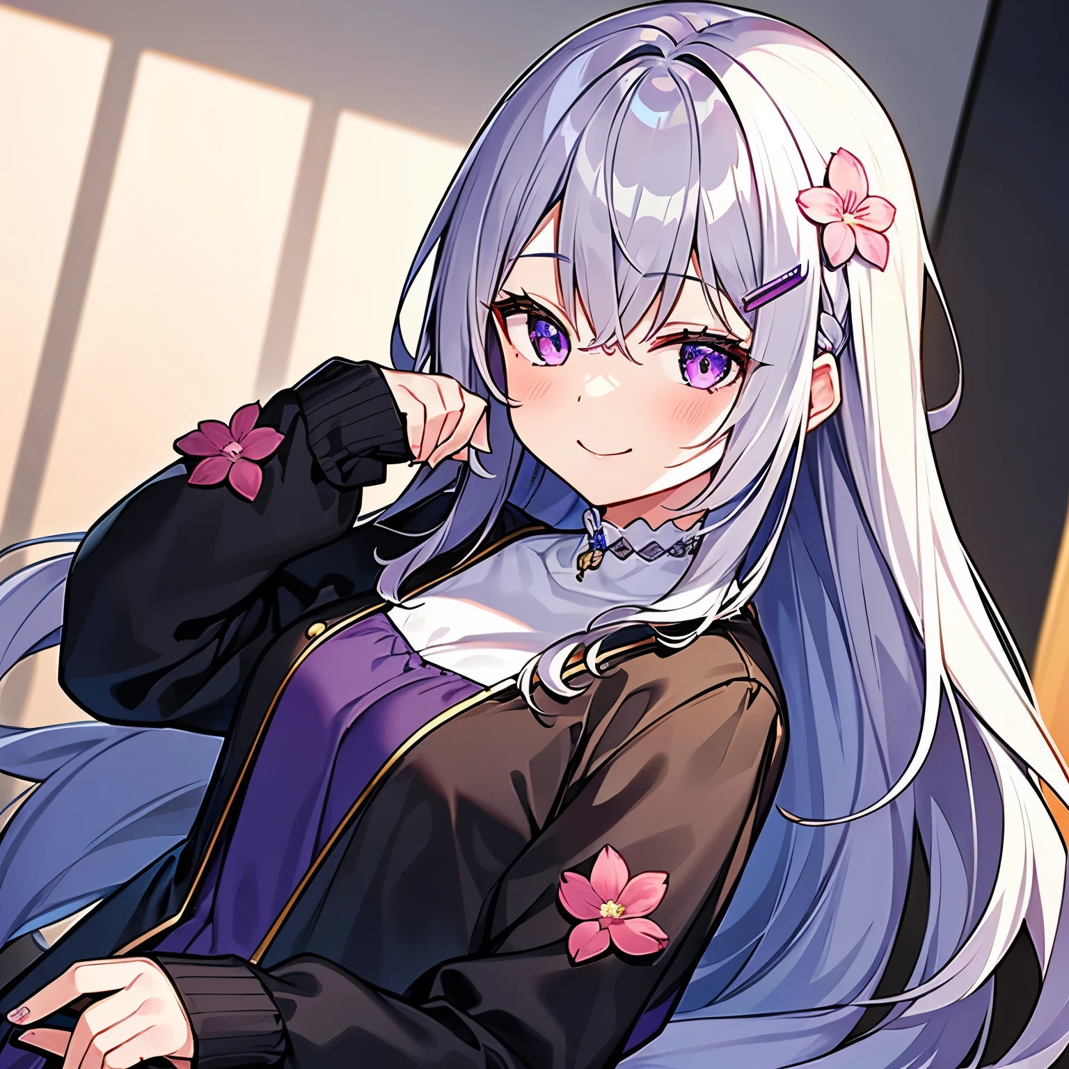 1 girl,Red mixed grey hair,27-years old,Glowing purple eyed,Ultra detailed eyes,Casual outfits,melody clips,magnolia flower on hairs,long hair,smile warmly(((8k)))