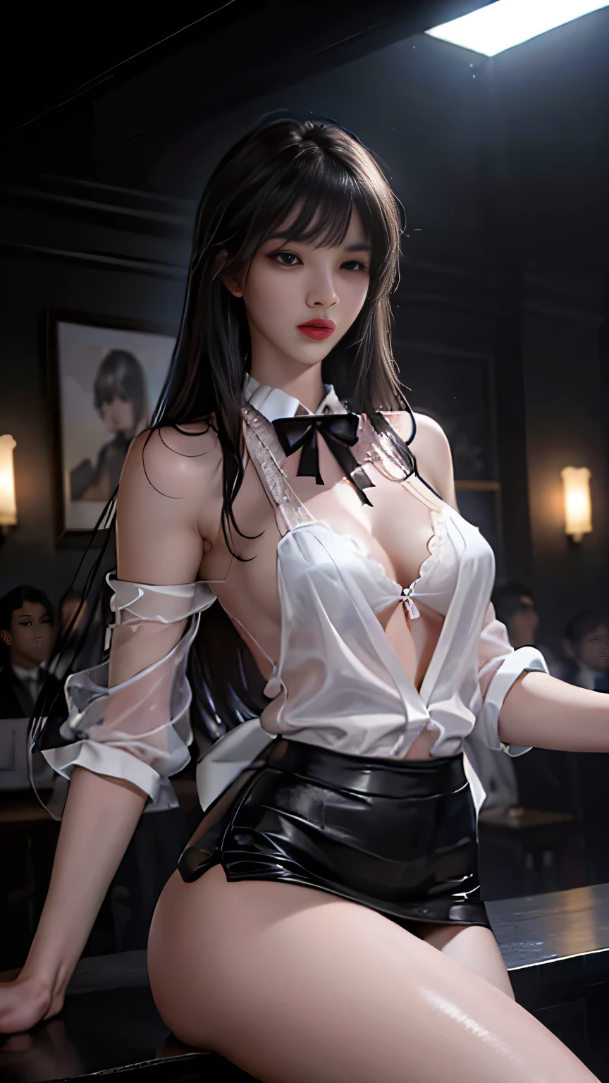 Girl portrait photography, Realistic, High resolution, 1 female, alone, Upper Body, Beautiful Eyes, Close your lips, detailed face, Gray Hair, Long Hair, Collared shirt, Red tie,Black Skirt, Pencil Skirt,, stockings,(Black lace panties are visible)(Super realistic)、(Awareness-raising)、(High resolution)、(8k)、(Very detailed)、(Best illustrations)、(Beautiful and detailed eyes)、(highest quality)、(Ultra-detailed)、(masterpiece)、(wall-）、（detailed face）、solo、1 girl in、View your viewers、Fine details、detailed face、Dark Night、Deep Shadow、Low Key、Pure Erotic Face Ace_v1、Laughter、length、Black shawl straight hair、46 point diagonal bangs,Female student、(White blazer chest)、Translucent white blouse、red bowtie、(Brightly colored mini skirts,Plaid)、Laughter,8k, highest quality, 超High resolution, Tabletop, Realistic, Realistic, High Contrast, Photon Mapping, The real picture, Super Detail, Low angle: 1.5, 1 girl, alone: 1.5, whole body, Concert venue stage at night: 1.5, Kpopstar, Kpop idol, Dressing up in K-POP style, sexy, Open your legs forward, Flashy makeup, blazer: 1.3, Short skirt: 1.3, Pair a blazer and skirt with high heels, tie, Thursday: 1.3, barefoot, High heels, M character opening leg: 1.3, Open your legs 180 degrees, Open legs: 1.3, length hair with brown hair, Wet white panties: 1.5, Panties visible from under the skirt: 1.3, expensive, Height: 170cm, Long legs: 1.2, face: 1.5, The Woman&#39;Thin shapes are clearly visible: 1.5, protruding from panties 1.2, witheout panties: 1.3, Textured skin