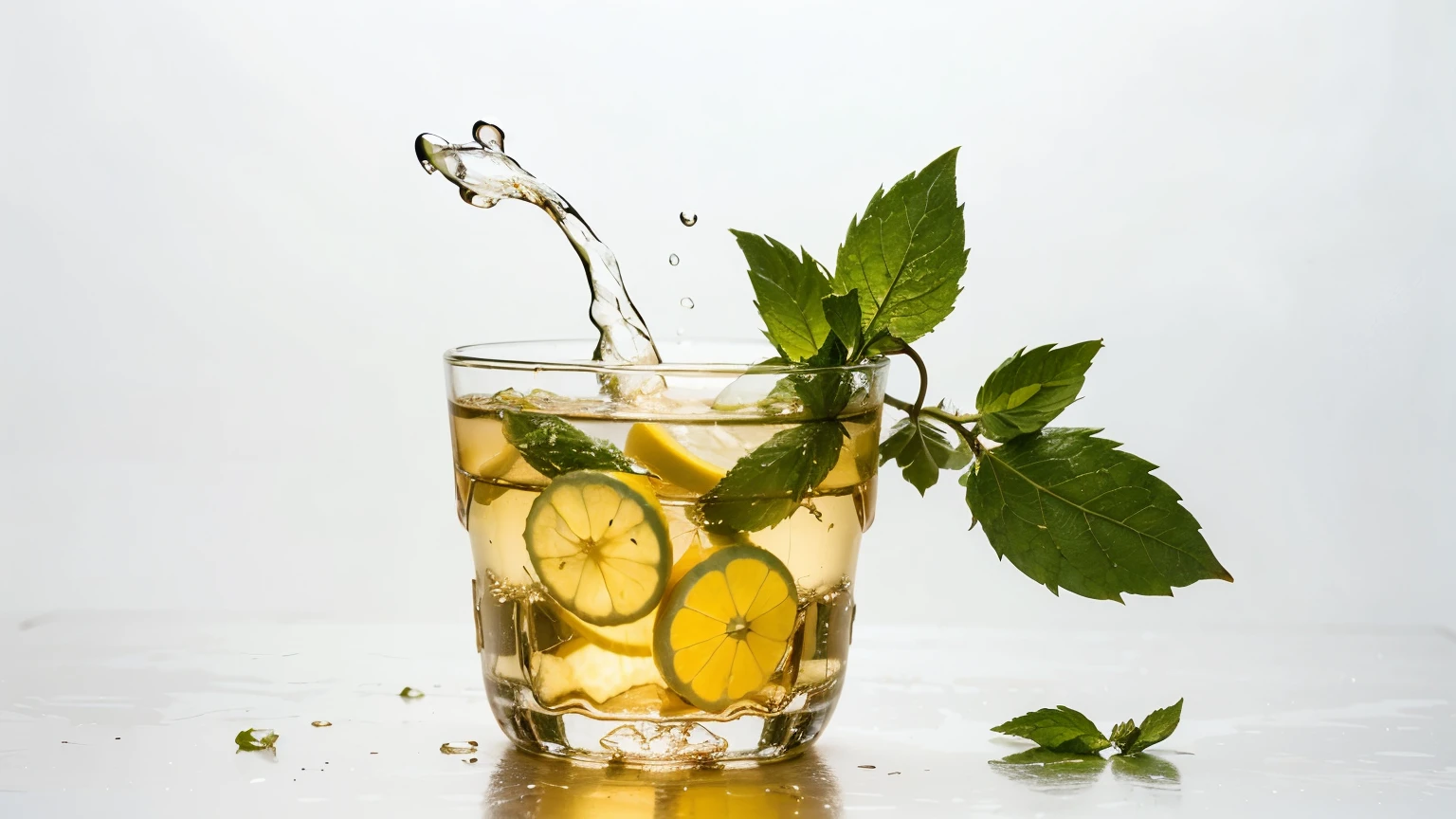 Lemon water splash isolated on a white transparent background, png. Lemon fruit slice, leaves and water splash. background water wave, citrus piece and mint foliage flying