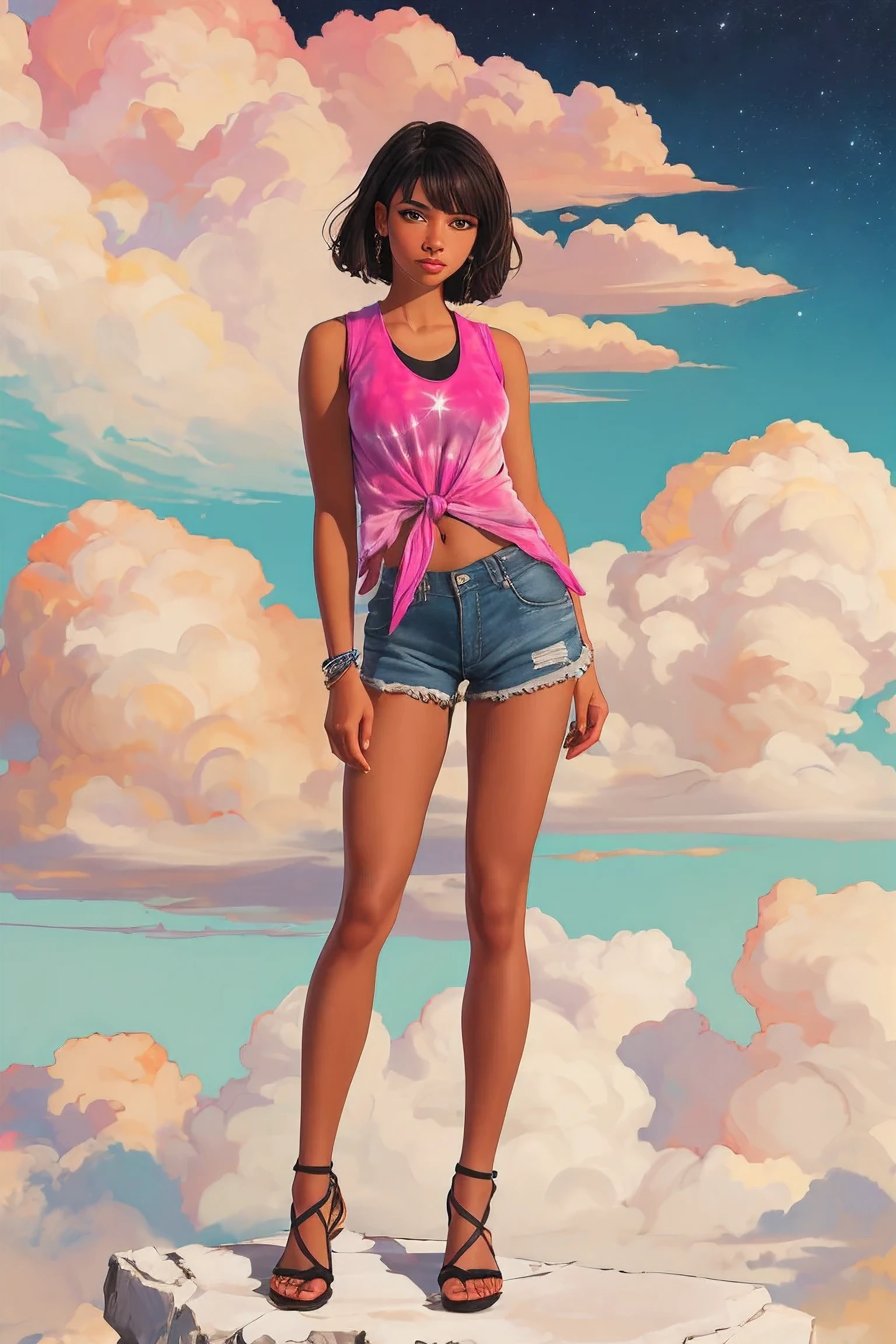 portrait of 1girl solo, Comb-Over Fade with Hard Part, Festival Hippie: Fringe vest, tie-dye tank top, shorts, and sandals.
Celestial Palace in the Clouds,
masterpiece, immaculate, highly detailed, detailed,