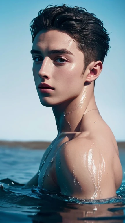 Boy, white hair, blue eyes, pale, merman