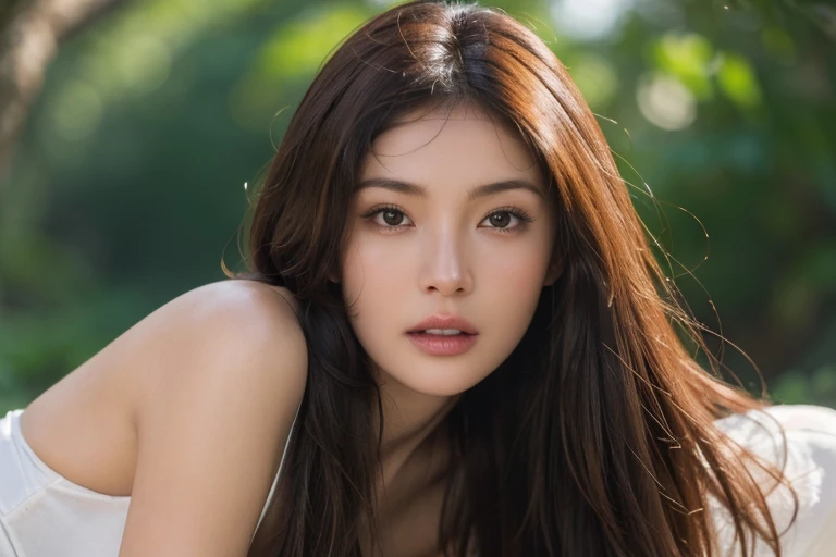 masterpiece, Ultra realistic, 16k, high quality, incredibly detailed, dream aesthetic, dream atmosphere, cinematic, work of art, (sharp focus: 1.5), (photorealistic: 1.3), featured (Beautiful Girl in love), pretty brunette girl (hot). cinematic, detailed, 16k sharp focus, realistic. Gorgeous. Seductive. Natural pale-honey hair (realistic texture), illuminated silky and shiny hair, detailed hair (realistic), (natural) very amber-brown hair. gorgeous detailed face (charming seductress). flushed cheekbones (Rosy cheeks), tanned skin, (pale-brown skin) alabaster skin that seems to glow ethereally. Brazilian hot woman. Voluptuous form. Amber (shiny) eyes (intense eyes look). A symmetrical face ::2 goth clothes + trending on artstation + fantasy art + realistic cloth + fractals in the background, flowing hair --aspect 9:21 --uplight his otherworldly beauty. realistic skin texture, pale-white skin illuminated. realistic perfect shading. absurdres, realistic textures. solo, alone, 1girl. looking at viewer. female muscular body, toned body, defined muscles. Large natural breasts, cleavage. pantyhose, white top cropped and denim skirt, bracelet on the wrist (realistic textures). In Different positions at different angles. Day background. unbelievably real, best quality, Photorealistic.