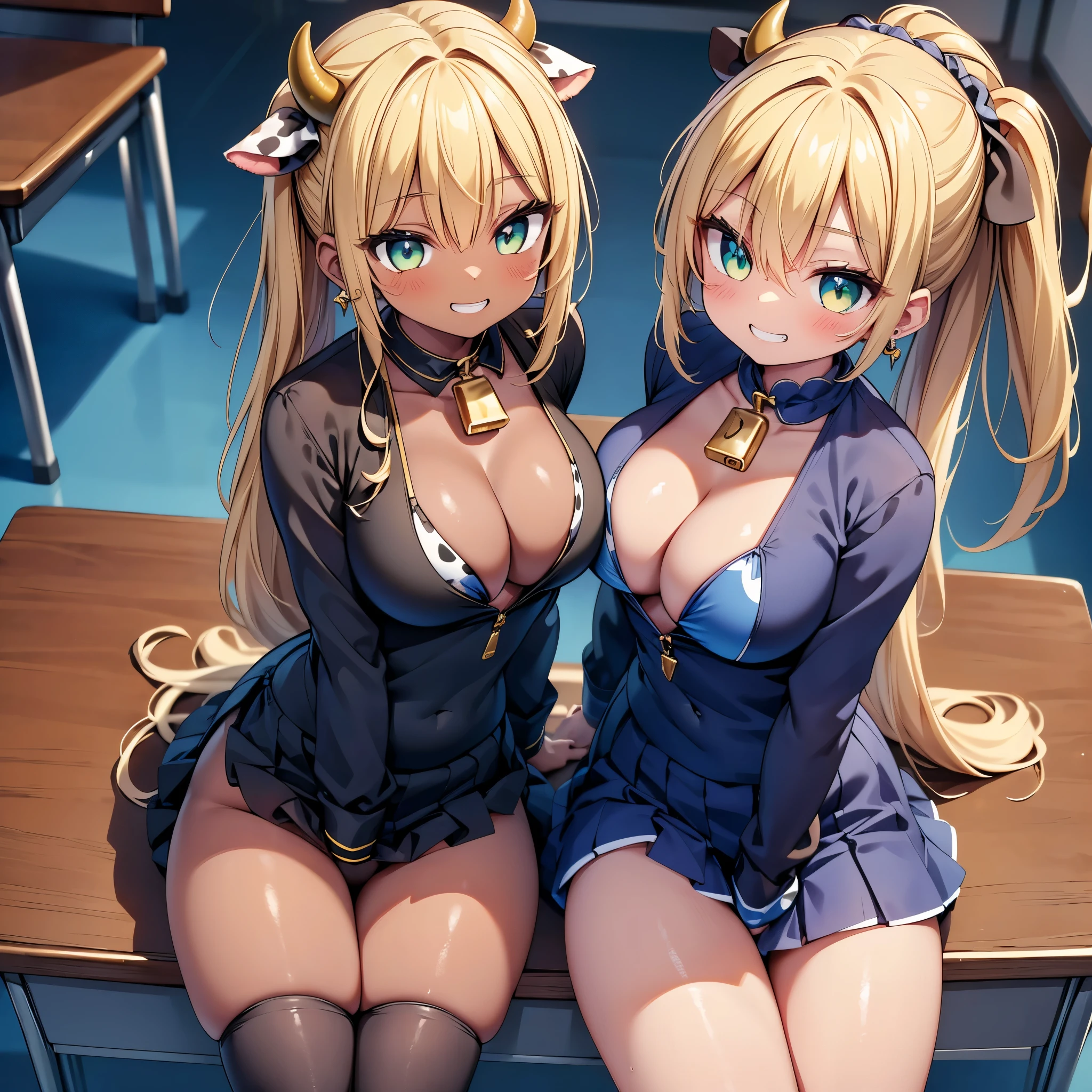 (cute eyes:1.2), (sparkling eyes:1.2), (8K、Best image quality、highest quality、masterpiece)、Detailed face、(2 girls)、Improve、((Brown Skin:1.3))、blonde、Low Ponytail、Scrunchie、Yellow Eyes、Earrings、Wicked Smile、((Grin)), (skinny body:1.4), (midium breasts), (cow print micro bikini:1.1), Sit on a chair, whole body, Classroom Background, (black stockings:1.2), (Thighs:1.2), (Waistline),(from above:1.2)