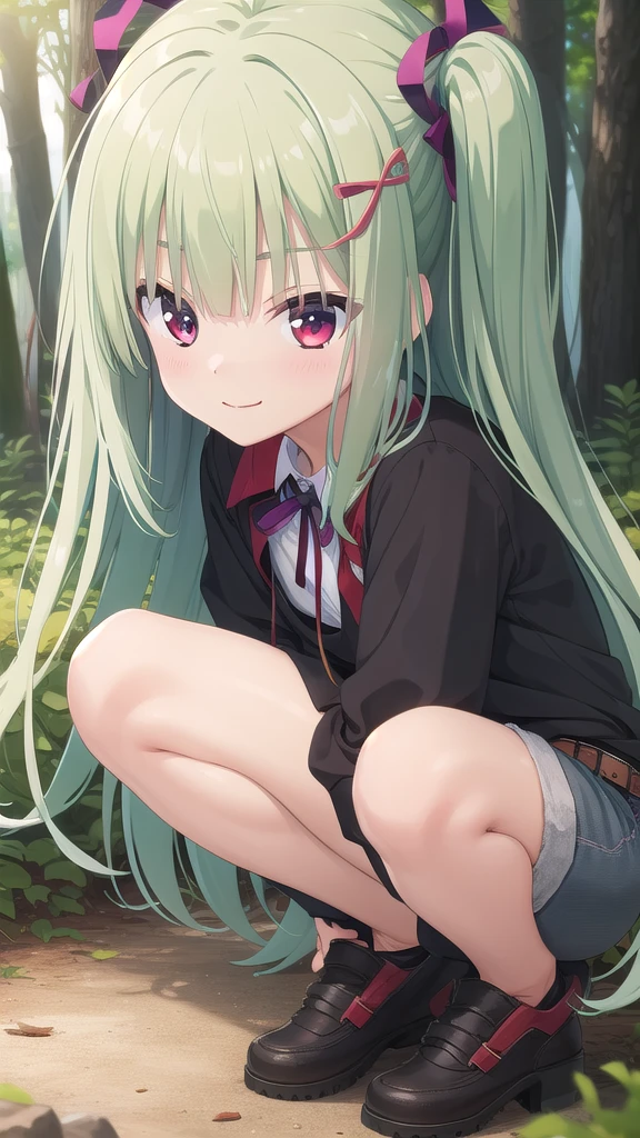 ((masterpiece)),(best quality),official art,Extremely detailed CG,Unity 8K wallpaper,Ultra Detailed,Beautiful and delicate eyes,Extremely detailed face,forest,nature,1 girl,solitary,,(portrait:1.5),Looking at the audience,For the audience,(small:1.3),Smile,Everlasting,Murasame,Very long hair,Green Hair,Two sides up,Purple bow,hairpin,Side lock,Bangs,Red Eyes,Neck strap,Red belt,Black sweatshirt,Denim shorts,Maple leaves falling,Full body picture