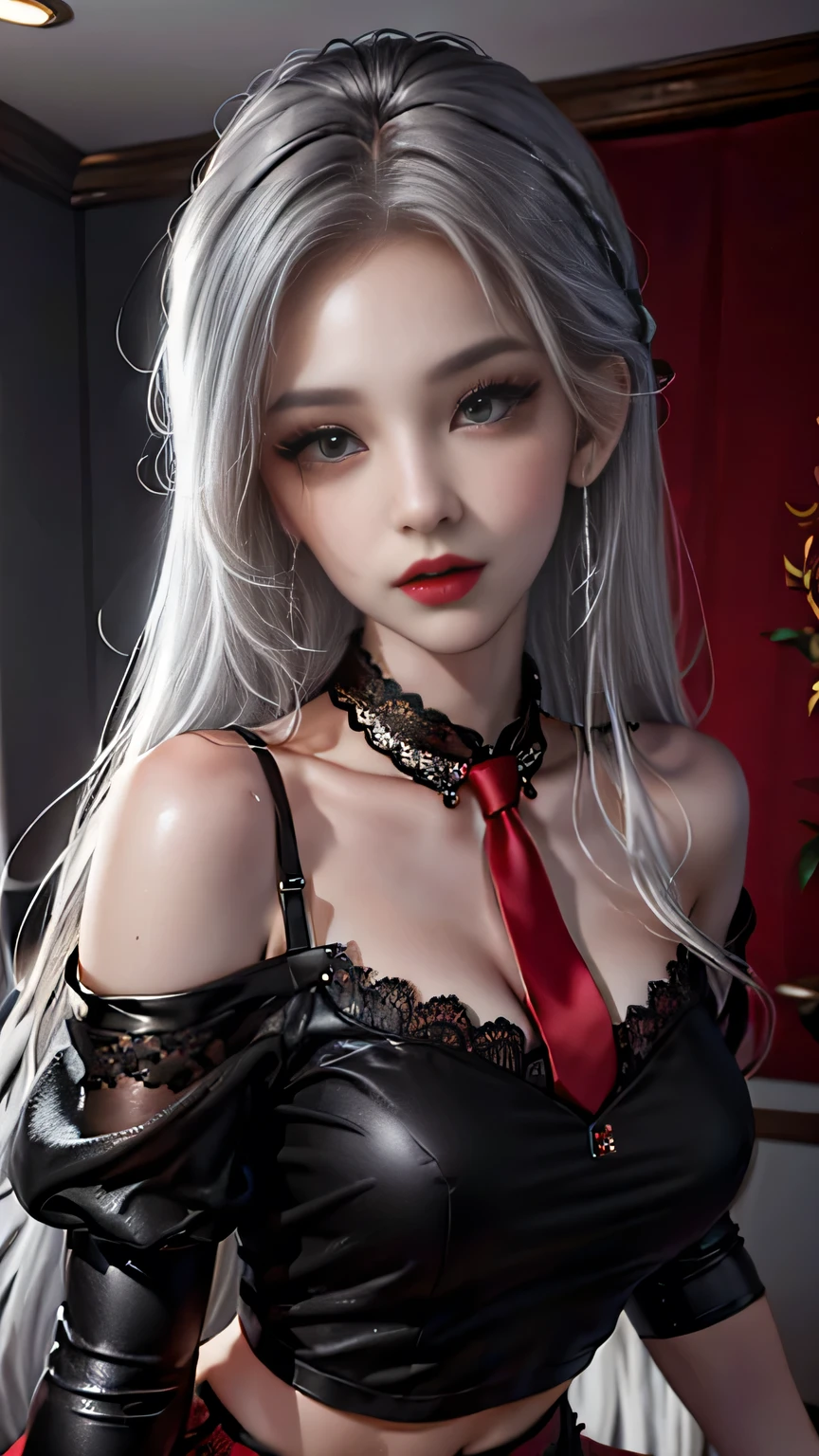 Girl portrait photography, Realistic, High resolution, 1 female, alone, Upper Body, Beautiful Eyes, Close your lips, Detailed face, Gray Hair, Long Hair, Collared shirt, Red tie,Black Skirt, Pencil Skirt,, stockings,(Black lace panties are visible)