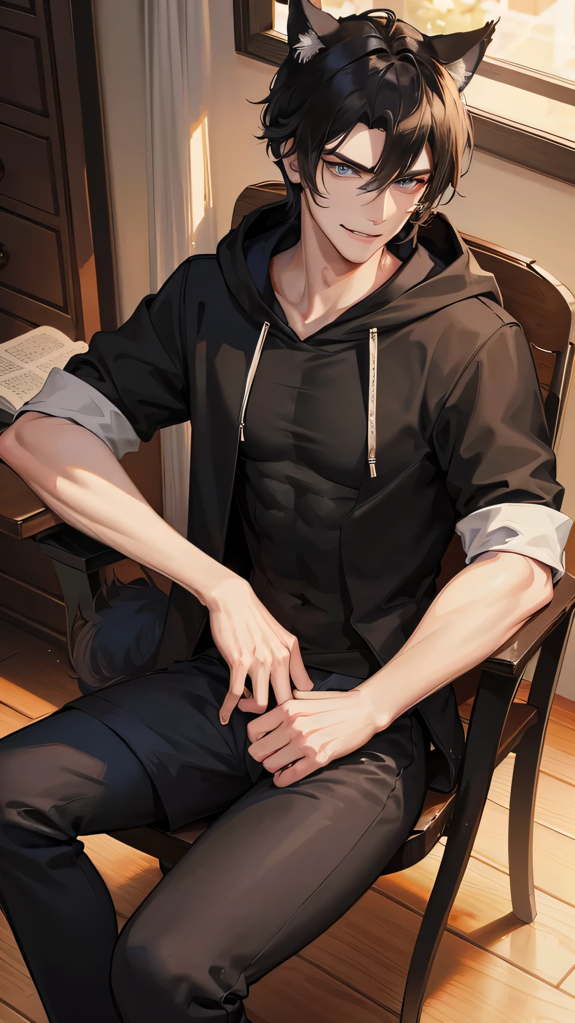 He is very handsome and tall man with wolf ears and tail and black hair and he has blue eyes and a little muscular chest and he has a cocky flirty smirk on his face and he is wearing a black hoodie sitting on a chair in the balcony