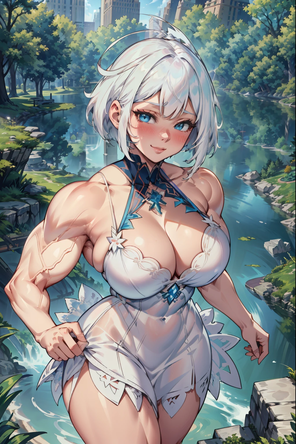 hyper muscles, (extremely detailed CG unity 4k wallpaper),(masterpiece),(best quality),(ultra-detailed),(best illustration),(best shadow),(absurdres),(Detailed background), White hair (Bobcut), Tall, pale skin, Blue eyes, White Sundress, contemporary aesthetic, Central park, background, Close up, Shy smile, Blushing, Walking,