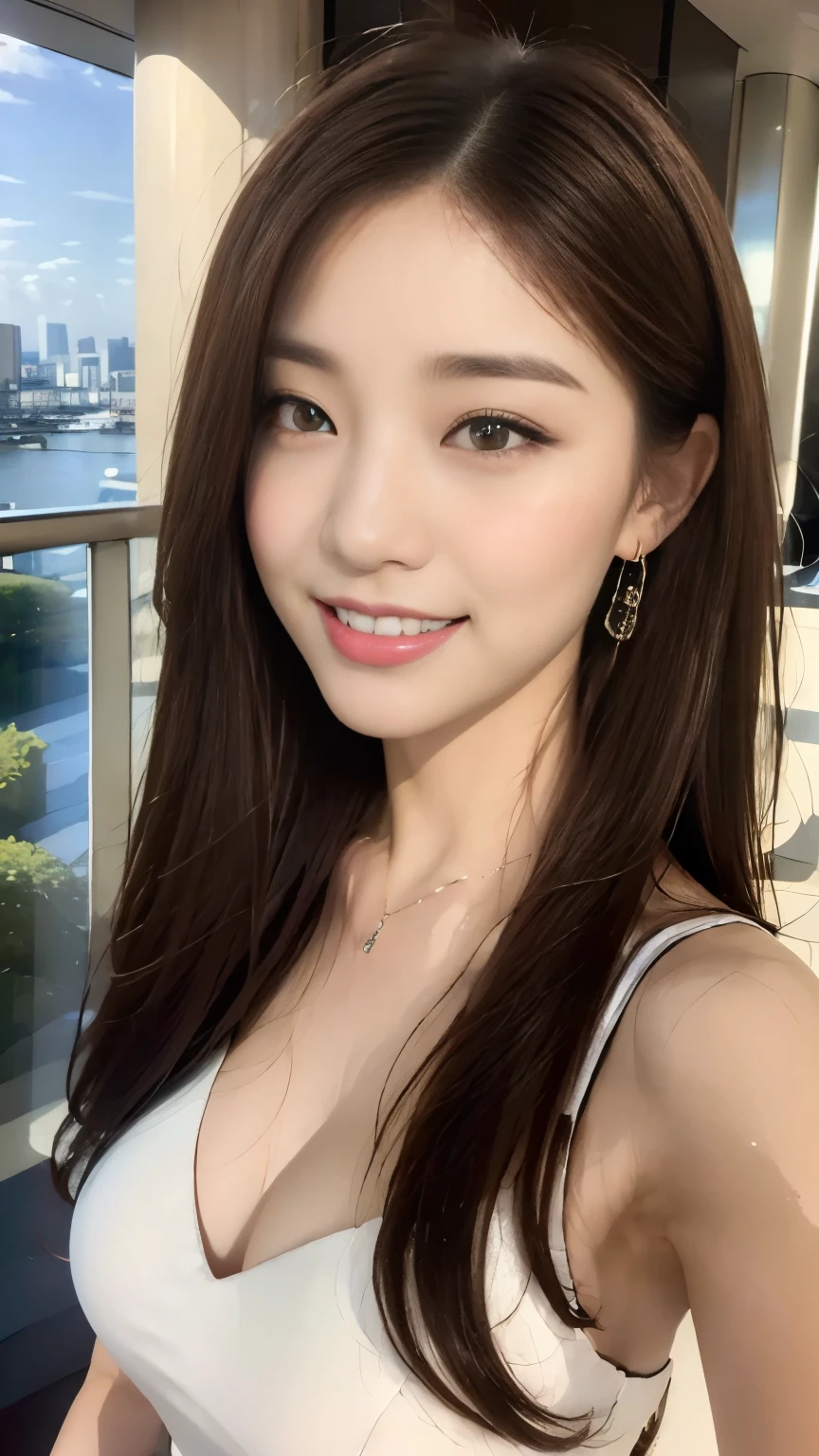((highest quality, 8k, masterpiece :1.3)), One Girl, close, Facing the camera,((A very affectionate smile:1.2)),,Red lipstick,Dark lipstick:1.0,Beautiful woman, Big Breasts:1.3,White long dress:1.2,Highly detailed face, fine grain, double eyelid,  Blur the background, Hotel,night,night景,balcony,City,Tokyo Sky Tree, (Maximum resolution: 1.4), (Ultra high definition: 1.2), Cinematic Light, (Detailed skin), (Detailed facial features), 8k resolution, Perfect Style, Beautiful expression、Highly detailed faceと肌の質感、((Pure white skin:1.2)),Glossy Lips:1.2、Detailed lips,Wet lips,((Full Body Shot:1.2)),(Straight Hairstyles、Light brown hair)、One-length long hair、175cm,From above