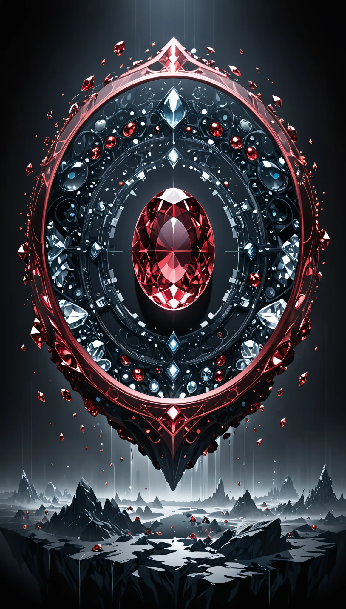 （in style of Nick Veasey：1.8）,(Mysterious Landscape),suspenseful, Fantasy,Dark,shadowy, atmospheric, dark colors (A miracle stone showing modern technological patterns), leaving the viewer suspended in a state of numb indifference."(A miracle stone showing modern technological patterns:1.3), leaving the viewer suspended in a state of numb indifference, (Dangerous fantasy ego:1.5), Miracle Stone, （future technology：1.3）（red, dark red color palette:1.5）