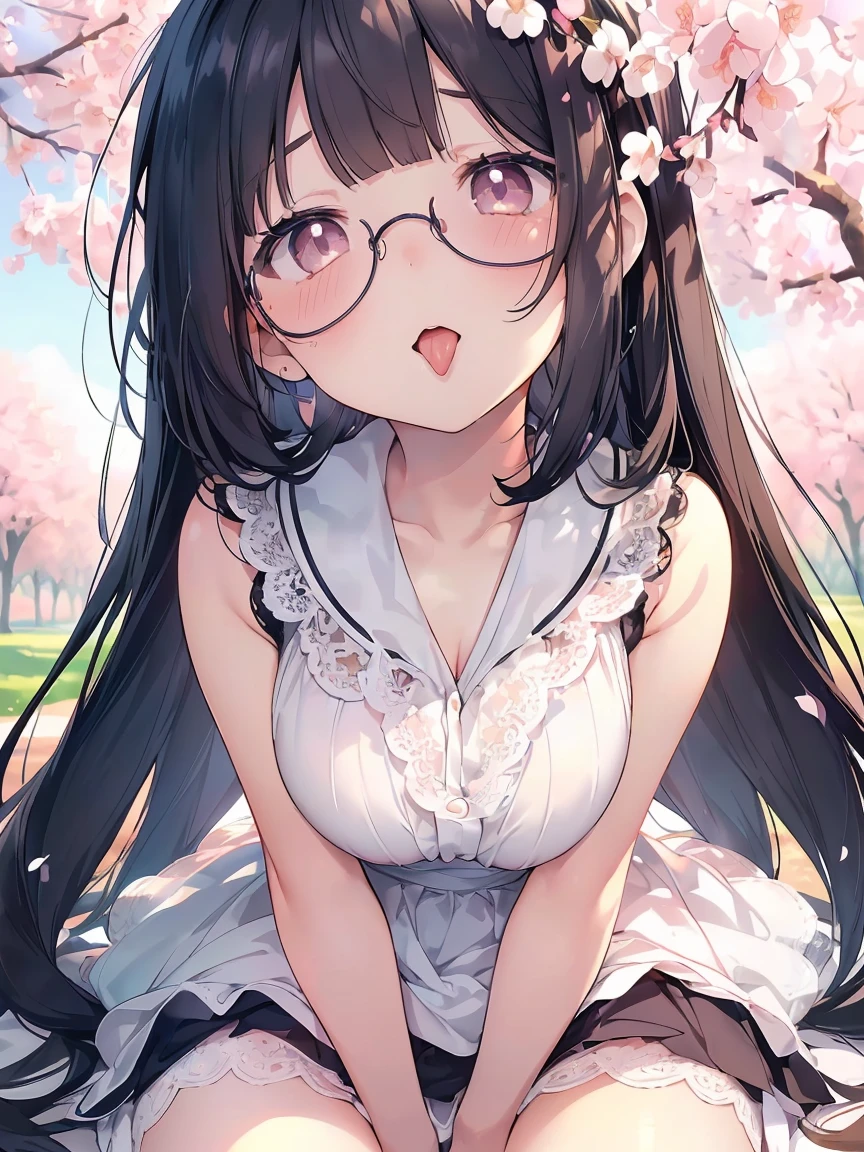 Very detailed, highest quality, High resolution, Moe Anime, ((A cute elementary school girl with black hair and droopy eyes)), ((Wearing large round glasses:1.4)), (Baby Face), Cute eyes, Detailed eye depiction, Sparkle in the eyes, View your viewers, Pale skin, (Big eyes:1.4, Droopy eyes:1.4, Fatty face:1.4), smile, Focus on the face, In the park with cherry blossoms falling, Sitting, (Extreme close up of tongue), (((From below))), Open your mouth, (((Face only:1.3))), ((white lace sleeveless dress)), Bright Eyes, Light from the front, (Put your hands between your legs:1.4), large and long tongue, Cleavage, Straight long hair, Pink ribbon