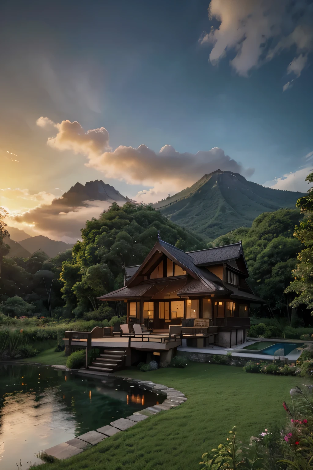 a luxury concept modern wooden building stone base , pond , mountain in back in Indonesia surrounded by lush greenery under a cloud with sunset near dark, fancy sky and harmony with nature ,and landscaping around the lake, in ultra HD resolution ( model Vector expert)