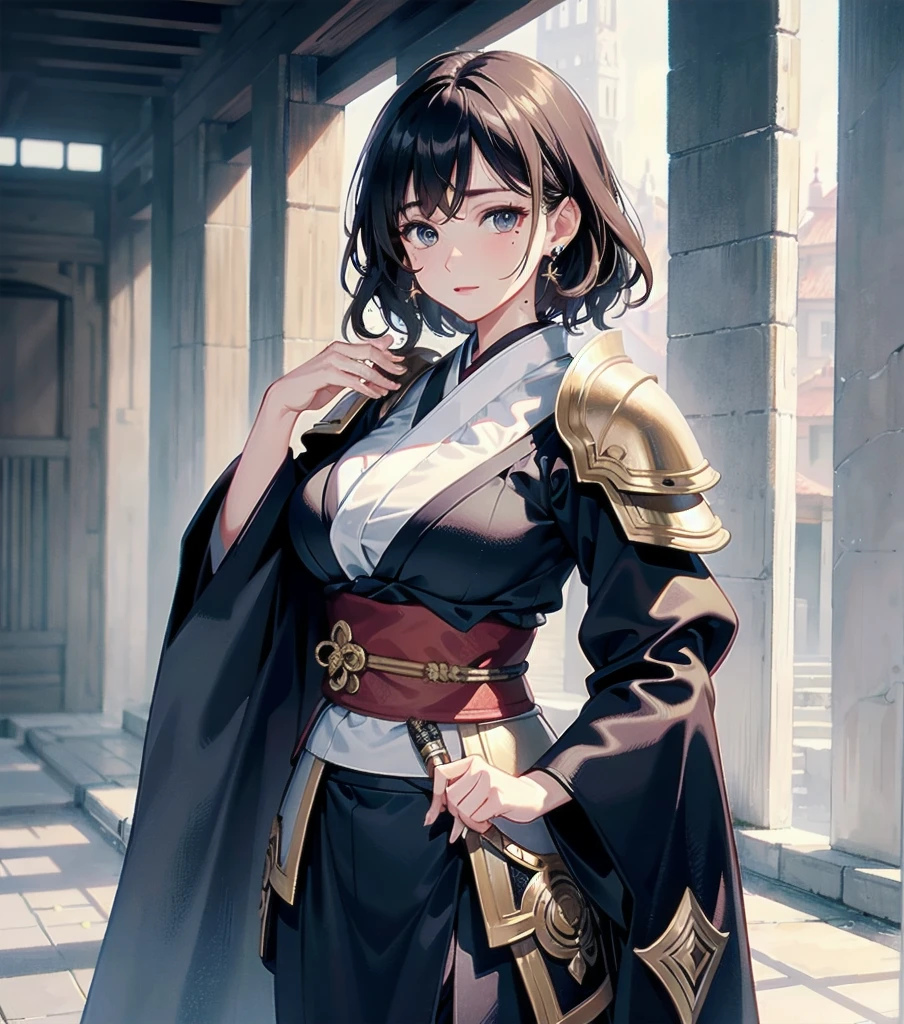masterpiece, best quality, extremely delicate and beautiful, ultra-detailed, high-resolution, 20 years old, detailed beautiful face, tearful mole, earring, very huge round breasts, short medium hair, wavy hair, wet clothes, full body shot, alone, (assassin), kimono, (armor),