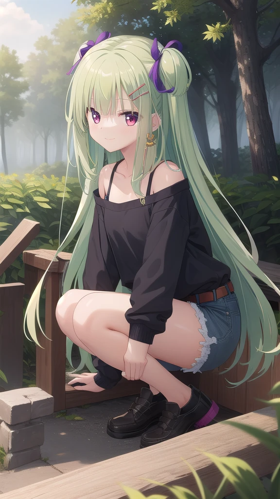 ((masterpiece)),(best quality),official art,Extremely detailed CG,Unity 8K wallpaper,Ultra Detailed,Beautiful and delicate eyes,Extremely detailed face,forest,nature,1 girl,solitary,,(whole body:1.5),Looking at the audience,For the audience,(small:1.3),Smile,Everlasting,Murasame,Very long hair,Green Hair,Two sides up,Purple bow,hairpin,Side lock,Bangs,Red Eyes,Neck strap,Red belt,Black sweatshirt，Denim shorts，Maple leaves falling，whole body图