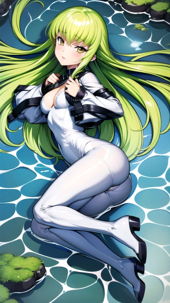 (masterpiece, highest quality, detailed), One girl, alone, View your viewers, c.c., Yellow Eyes, Green Hair, Long Hair, bangs, Medium chest, Straightjacket, White bodysuit, White shoes, water, 部分的にwater没した, From above, Floating, shallow water, Lips parted, Lie in, behind, Long sleeve, Wide sleeves,