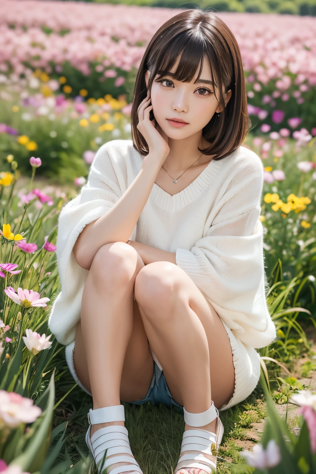 One Girl、（beautiful girl、Delicate girl：1.3）、（*********** girl in Japan：1.3）、break、（Spring Clothes：1.3）、break、Very beautiful eyes、（Symmetrical eyes：1.3）、break、（Countless flowers、In a colorful flower field:1.3)、Perfectly shaped and anthropomorphic fingers、Small breasts、(((Shortcuts)))、Parted bangs、Brown Hair、break、(Eye and facial details:1.0)、break、(masterpiece、highest quality、Very detailed) 、Detailed face、8k）、Full body view from the knee up、