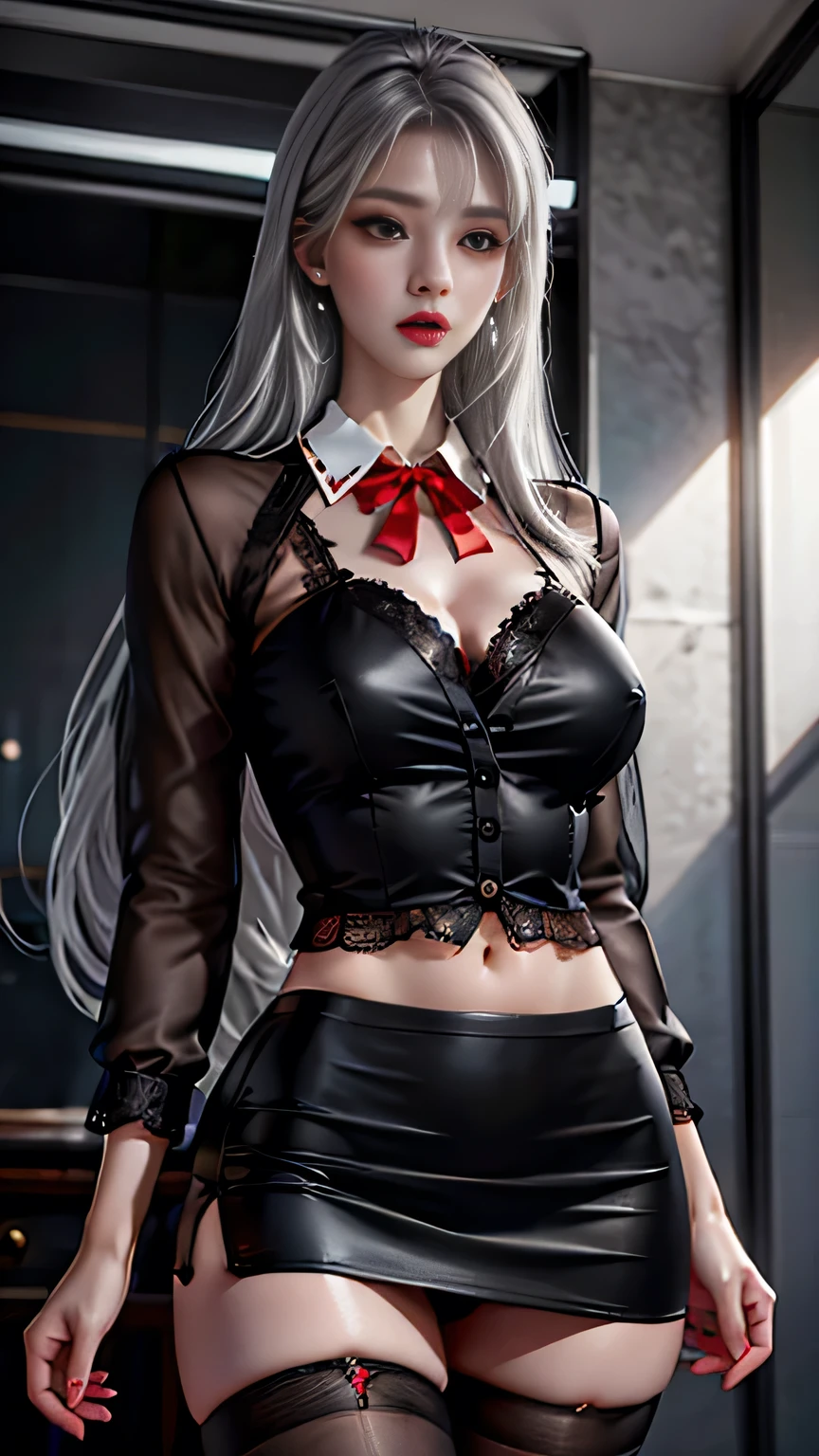 Girl portrait photography, Realistic, High resolution, 1 female, alone, Upper Body, Beautiful Eyes, Close your lips, Detailed face, Gray Hair, Long Hair, Collared shirt, Red tie,Black Skirt, Pencil Skirt,, stockings,(Black lace panties are visible)