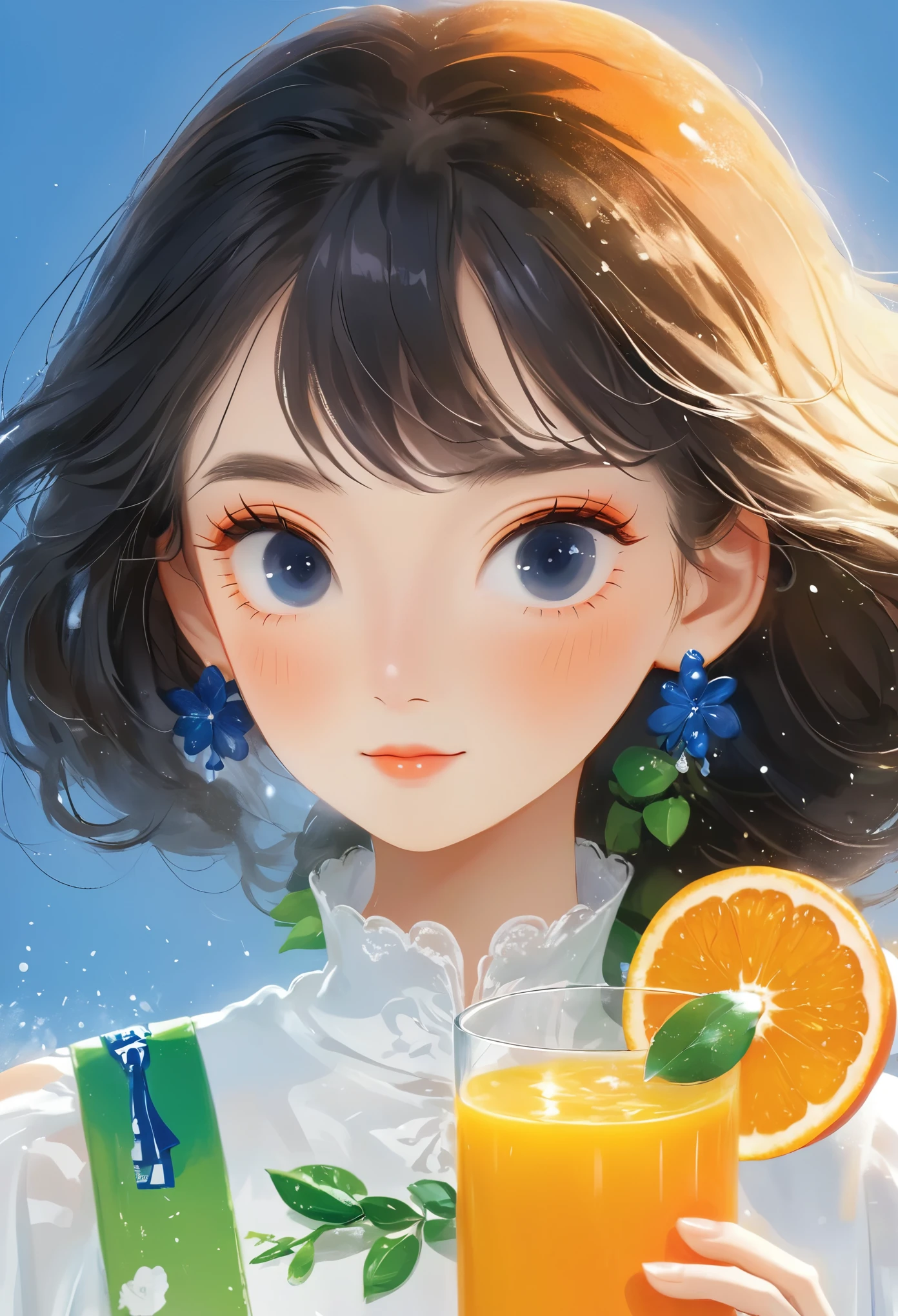 Close up of a bottle of orange juice on a white background, Blue Orange, Refreshing, daoshu, Sprite, Limsa, Home, orange mist, orange extremely coherent, lu ji, you, orange, bitter, apple orange, qiangshu, Inspired by Tang Di, goto fujita, tian zi, orange-haired girl