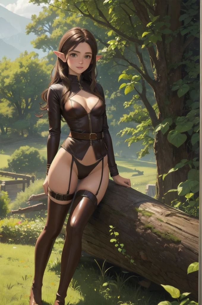 Masterpieces, best quality, perfect, wood, outdoors, forest, elf, sfw,26 years old, mature woman, leather, small ears, blushing, freckles, facing viewer, brown hair, full body, archer, long torso, mouth open, glossy lips, large waist, thick thighs, sitting on log, facing viewer, thigh high socks, hourglass shape, slim waist, thigh gap, cleavege, adult woman, cleavege window, medium breasts, beautiful background, perfect landscape, the most peacefull place you've ever been, a welcoming woman, lush pastures, leg strap, leg holster, belt