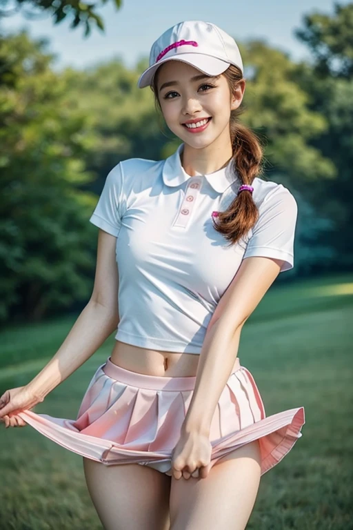 (highest quality、masterpiece、8k、Best image quality、Award-winning works)、(1 female:1.1)、(alone:1.1)、(Perfect sexy golf wear:1.1)、(White and pink gradient golf wear:1.1)、(mini skirt:1.1)、 (Golf Cap:1.1)、(perfect long ponytail:1.1)、(Very nice breasts:0.2)、(Accentuate your body lines:1.1)、(Standing Elegantly:1.1)、(Accurate anatomy:1.1)、The best smile when you see me、The most natural and perfect golf course、Clear, beautiful sky、Beautiful thunderclouds、Beautiful real grass、(Very bright and vivid:1.4)、(Bright and glowing skin:1.2)、(Strongly blurred background:1.1)、Upper body photo、Very bright、Perfect Makeup、Long eyelashes、Bright lipstick、Glossy Lips、Ultra HD glossy skin、(Ultra-high definition, bright and beautiful skin:1.4)、超高精細のGlossy Lips、Ultra-high definition beautiful teeth