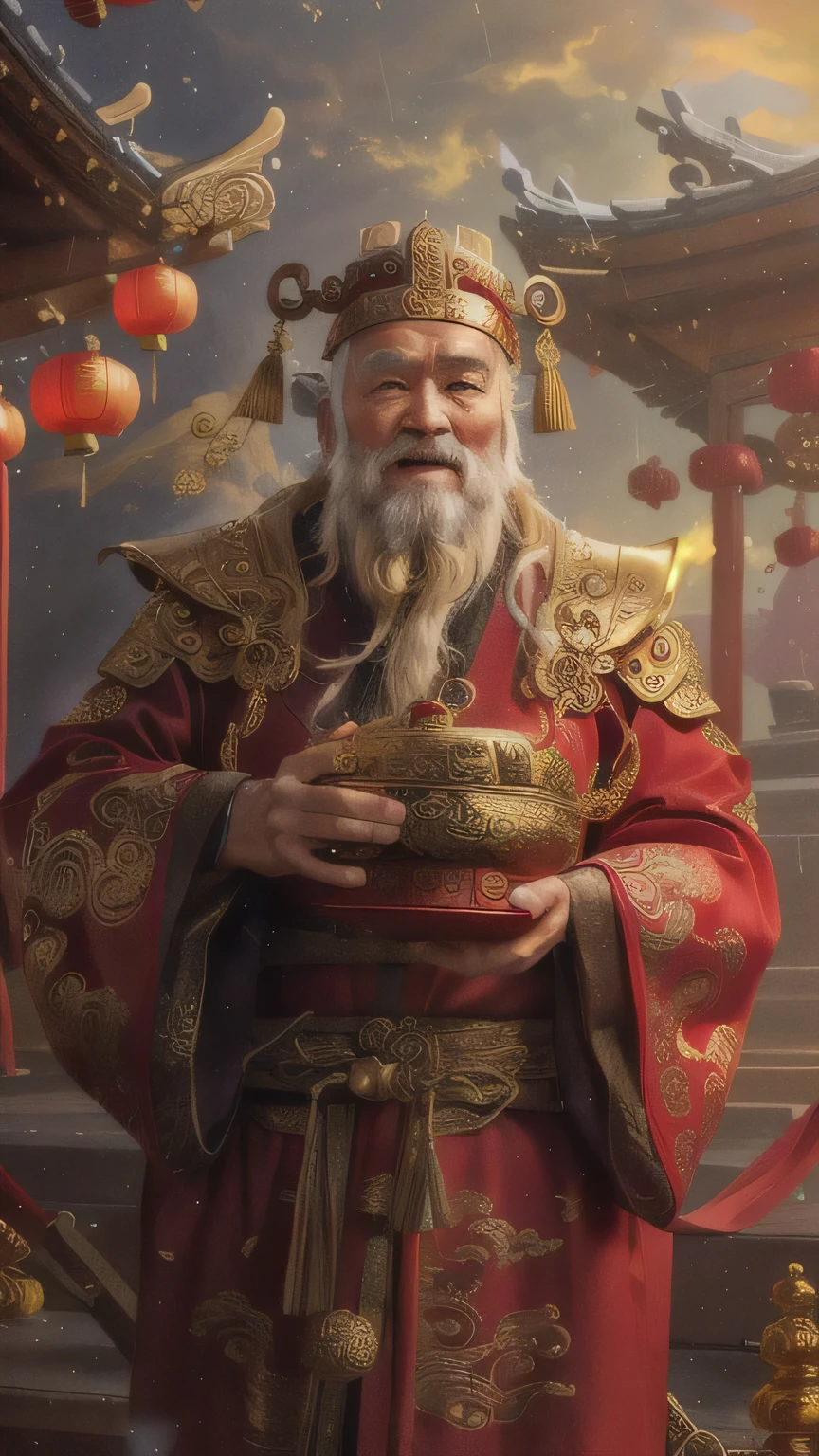 Close-up of an old man in a red robe holding a golden object kindly, God of Wealth, Gold ingots falling from the sky,Inspired by Hu Zaobin, Inspired by Gong Xian, dragon, Inspired by Wu Bin , Chinese Fantasy