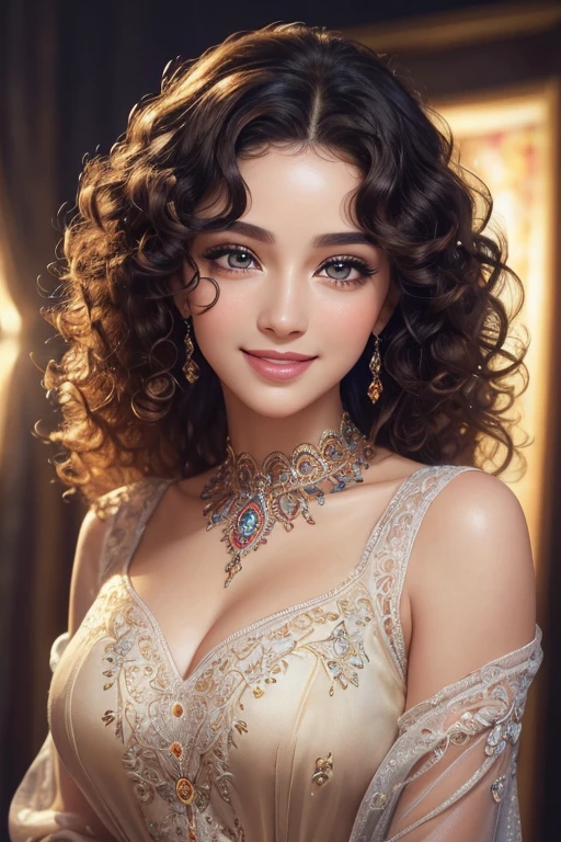 (beautiful detailed eyes, beautiful detailed lips, extremely detailed face, long eyelashes, medium:oil painting, detailed facial features, curly hair, confident smile, elegant posture, vibrant background, warm lighting, colorful palette)+(best quality, ultra-detailed, photorealistic, HDR, studio lighting, professional, vivid colors)