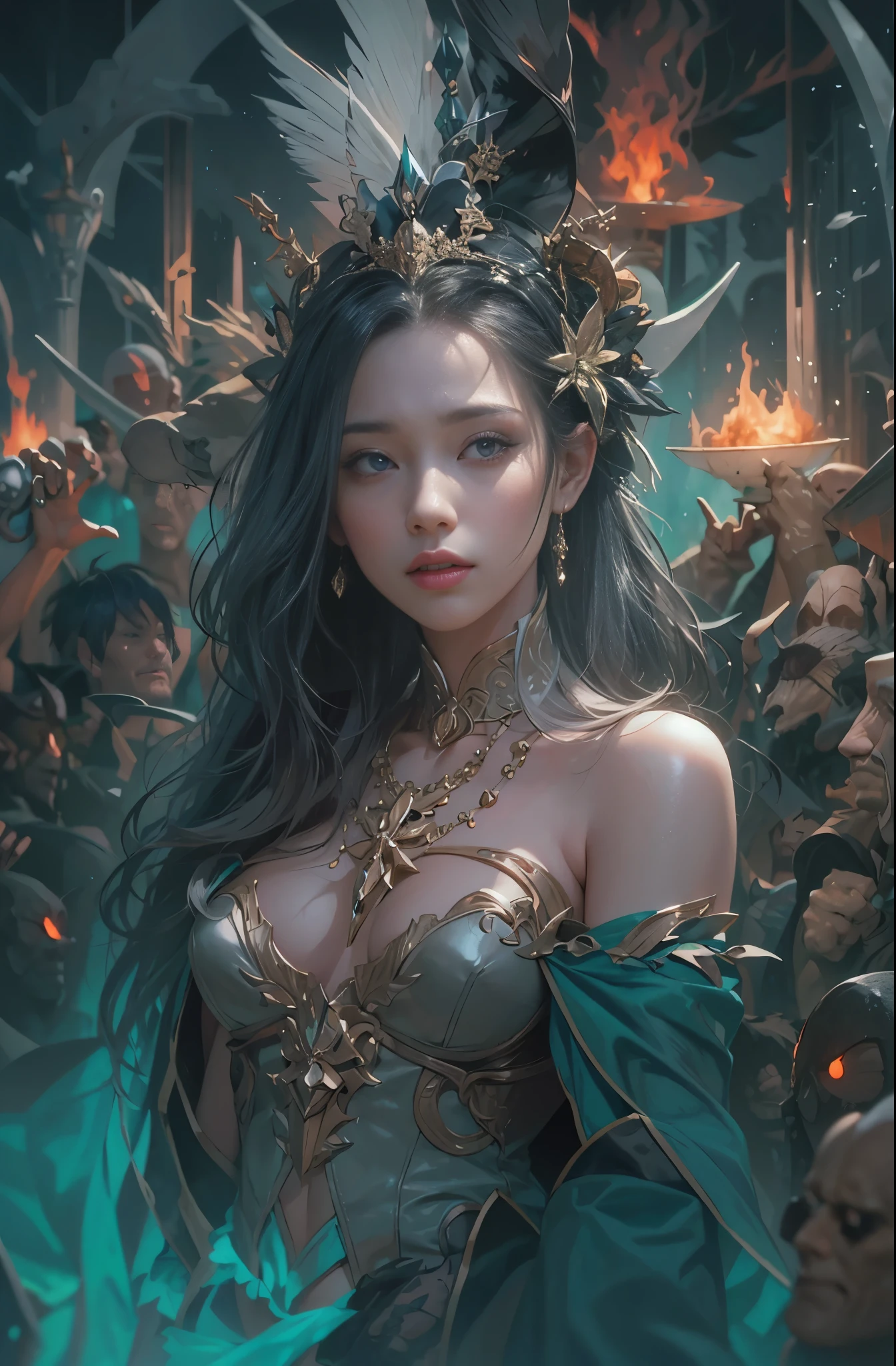 Black Tone、hell、purgatory、Mozart's Requiem、Mysterious、Horror、Gothic、darkness、Hunger、Contagious diseases、ruler、Pitch Black、despair、Lament、oppression、none、Extreme cold、Black Ghost、Very beautiful woman in her 20s、Queen of the Dead、Persephone, 4k fantasy art, By Jean Jay., Fantasy art style, 2. 5D CGI Anime Fantasy Artwork, epic Fantasy art style hd, Epic fantasy digital art style, Detailed fantasy art, Detailed digital 2D fantasy art, Luan Jia and Artgerm, 8k fantasy art, Sharp contours, very fine and beautiful eyes, Beautiful and delicate blue eyes, pretty much beautiful face, Unparalleled beauty, masterpiece, highest quality, The perfect angle, Perfect composition, Best Shot, Official Art, Cinematic light, Very beautiful and fantastic scenery, chivalry dream, Presence, Michael'S letter, Christoph Huge 、Ultra-precision coating, Luminism, art by Carne Griffiths and What a bone Concept Art, 4K resolution, Fractal isometricdetailed bioluminescence , 3D Rendering, Octane Rendering, Exquisitely crafted , Cinematic, Trending isometric surreal cover photos、Art Station'Amazing full color, handwritten, Hit definition , Cinematic,Great background, Abstract Beauty,stand, Approaching perfection, Pure Form, Golden Ratio, Minimal, undone, Concept Art, By Brian Froud、Karn Griffiths、What a bone、John William Waterhouse, Intricate details, 8K Post-Production, High resolution, Hyper Detail, Art Stationのトレンド, Studio shot, Intricate details, Extremely delicate and detailed painting style, Beautiful painting art, Greg Rutkowski, Close-up, women only