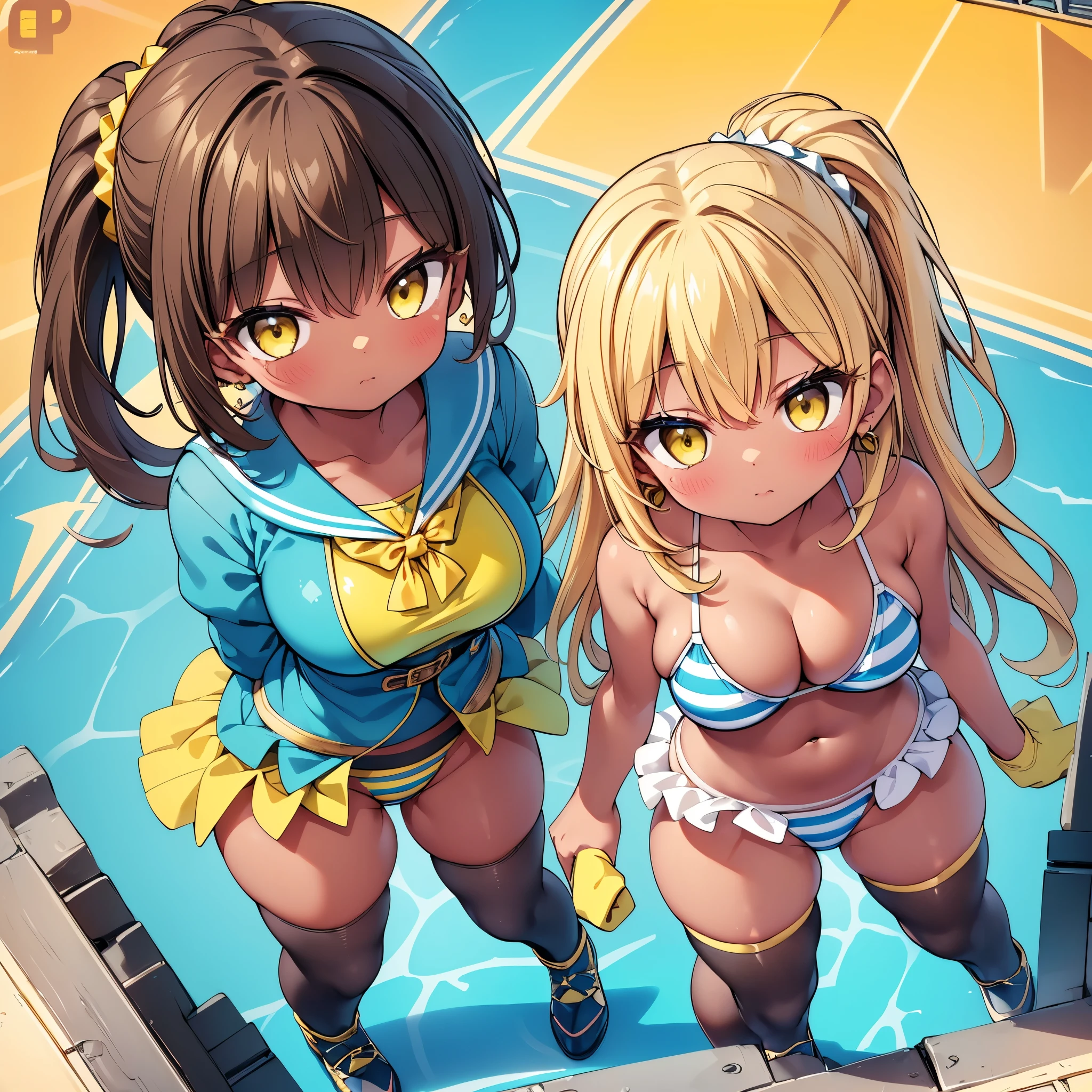 (8K、Best image quality、highest quality、masterpiece)、Detailed face、(2 girls)、Improve、((Brown Skin:1.3))、blonde、Low Ponytail、Scrunchie、Yellow Eyes、Earrings, (glamorous:1.1), (huge breasts:), (Light blue ed micro bikini:1.2), Classroom Background, (black stockings:1.2), (Thighs:1.2), (Waistline), (from above:2)