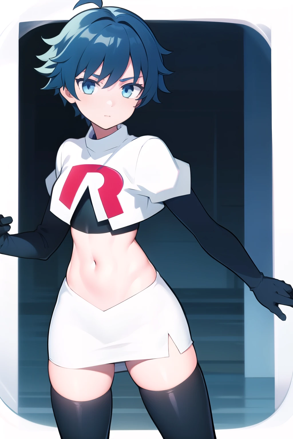 masterpiece, absurdres, male focus, trap, crossdressing,1boy,  chongyun,blue hair, ahoge,blue eyes, team rocket,team rocket uniform,white skirt,red letter R,crop top,black thigh-highs,black elbow gloves