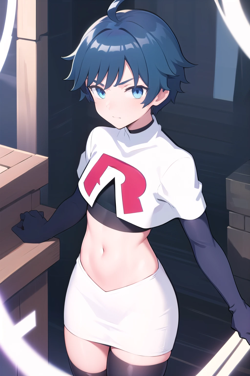 masterpiece, absurdres, male focus, trap, crossdressing,1boy,  chongyun,blue hair, ahoge,blue eyes, team rocket,team rocket uniform,white skirt,red letter R,crop top,black thigh-highs,black elbow gloves