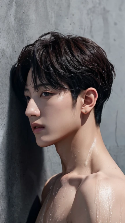 portrait of jungkook BTS, wet body and face, advertise concept, confident, vogue magazine cover concept, shirtless, studio nature photo, grey wall