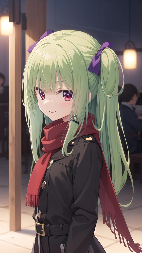 ((masterpiece)),(best quality),official art,Extremely detailed CG,Unity 8K wallpaper,Ultra Detailed,Beautiful and delicate eyes,Extremely detailed face,nature,1 girl,solitary,,(whole body:1.5),Looking at the audience,For the audience,(small:1.3),Smile,Everlasting,Murasame,Very long hair,Green Hair,Two sides up,Purple bow,hairpin,Side lock,Bangs,Red Eyes,Neck strap,Red belt,long black scarf，Black trench coat，Handsome cool