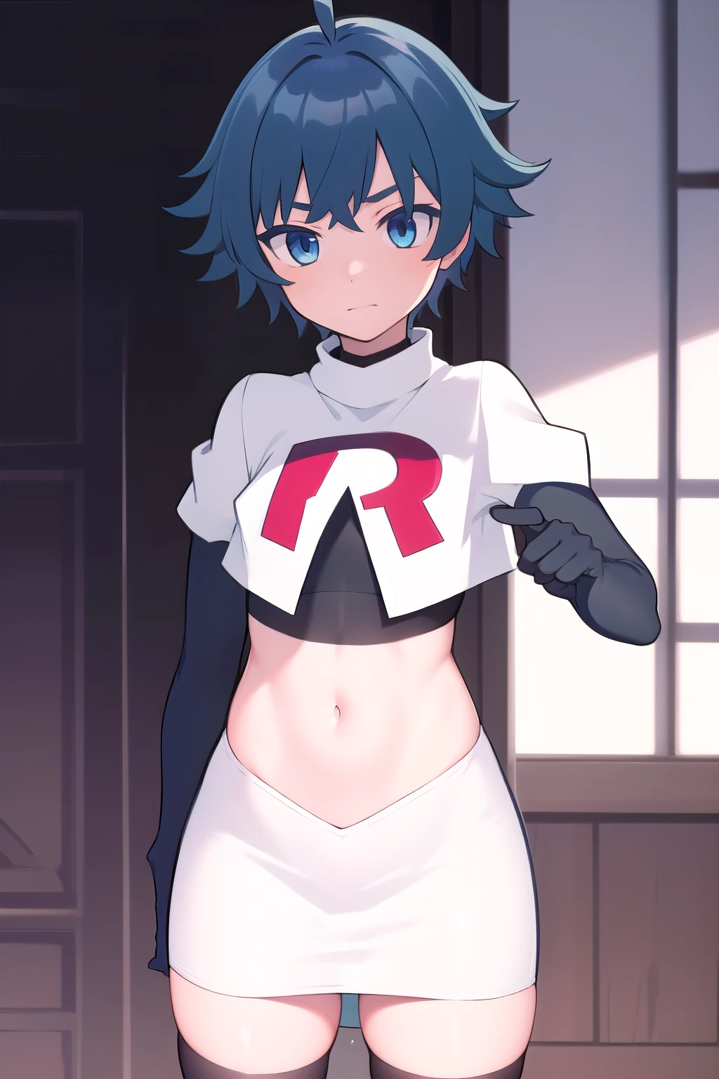 masterpiece, absurdres, male focus, trap, crossdressing,1boy,  chongyun,blue hair, ahoge,blue eyes, team rocket,team rocket uniform,white skirt,red letter R,crop top,black thigh-highs,black elbow gloves