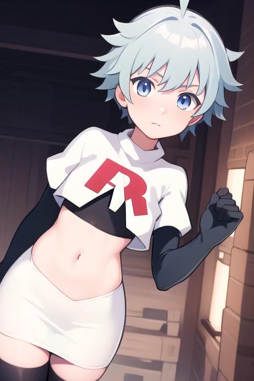 masterpiece, absurdres, male focus, trap, crossdressing,1boy,  chongyun,light blue hair, ahoge,blue eyes, team rocket,team rocket uniform,white skirt,red letter R,crop top,black thigh-highs,black elbow gloves