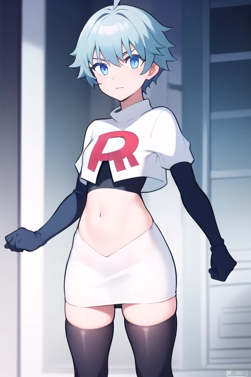 masterpiece, absurdres, male focus, trap, crossdressing,1boy,  chongyun,light blue hair, ahoge,blue eyes, team rocket,team rocket uniform,white skirt,red letter R,crop top,black thigh-highs,black elbow gloves