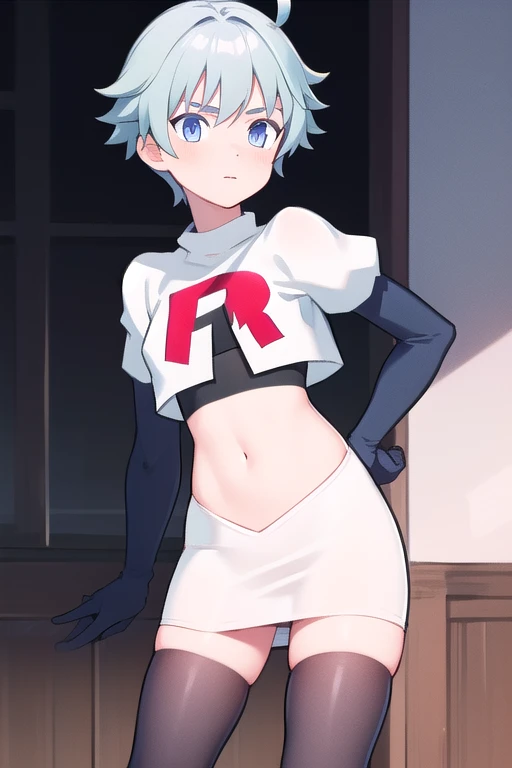 masterpiece, absurdres, male focus, trap, crossdressing,1boy,  chongyun,light blue hair, ahoge,blue eyes, team rocket,team rocket uniform,white skirt,red letter R,crop top,black thigh-highs,black elbow gloves