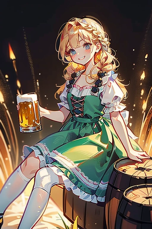 woman\(chibi,cute,kawaii,small kid,skin color white,barma1d3n,dirndl,dress,german clothes,beer,thighhighs,sitting,braid,high heels,twin braids,holding many beer mug,smile,breast,german\),background\(bavarian folk festival,outside,beer barrels,beer mug,mug\), BREAK ,quality\(8k,wallpaper of extremely detailed CG unit, ​masterpiece,hight resolution,top-quality,top-quality real texture skin,hyper realisitic,increase the resolution,RAW photos,best qualtiy,highly detailed,the wallpaper,cinematic lighting,ray trace,golden ratio,\),